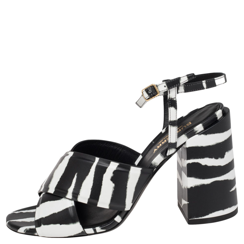 

Burberry Black/White Leather Castlebar Ankle Strap Sandals Size