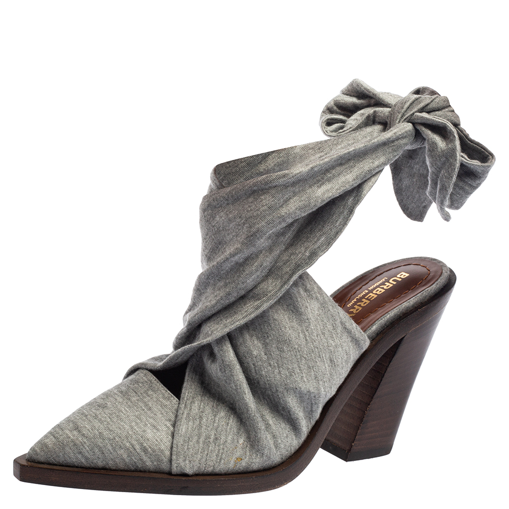 Burberry Grey Fabric Tillington Ankle Tie Pointed Toe Mules Size 37