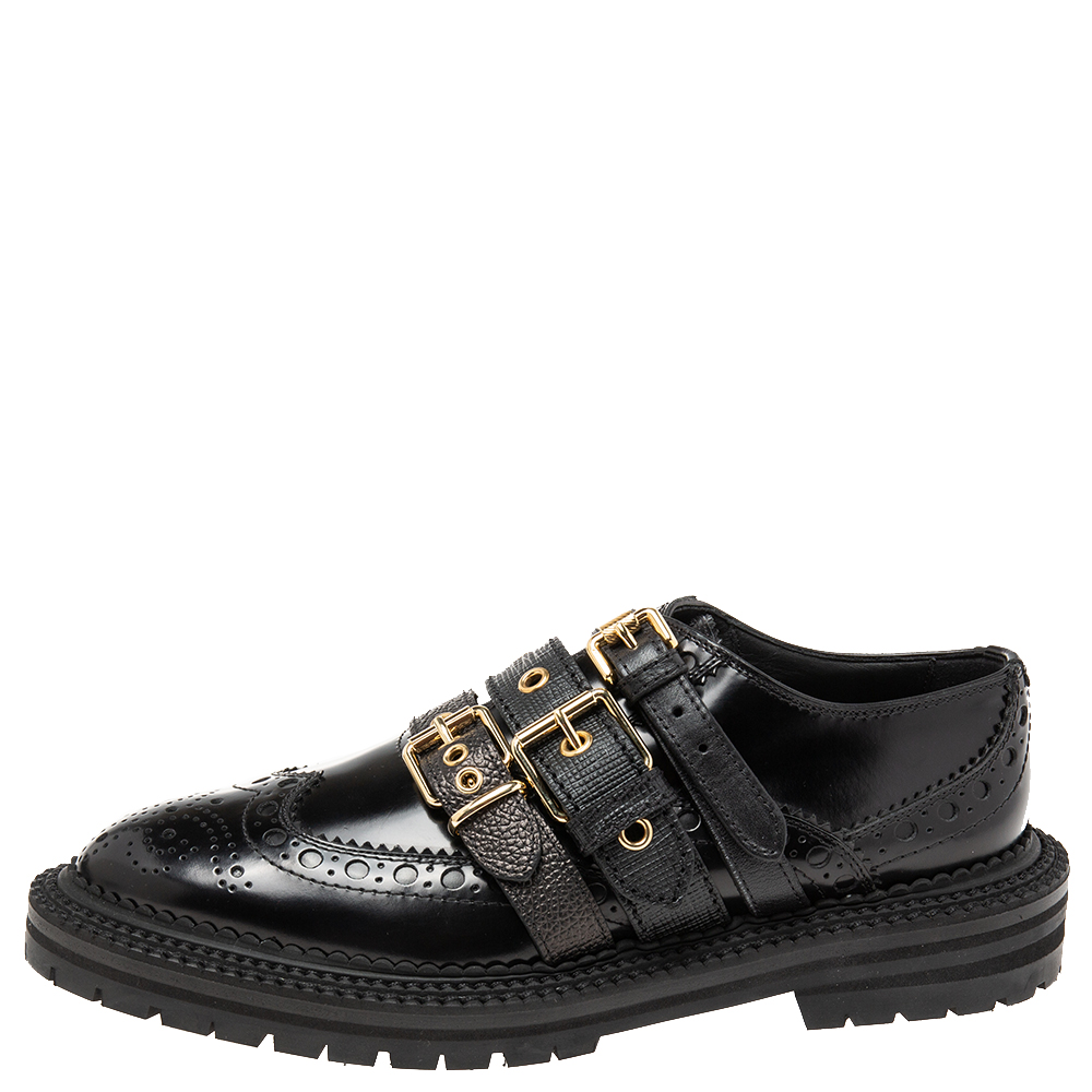 Burberry Black Patent Leather Doherty Multi-Strap Brogues Size 39.5