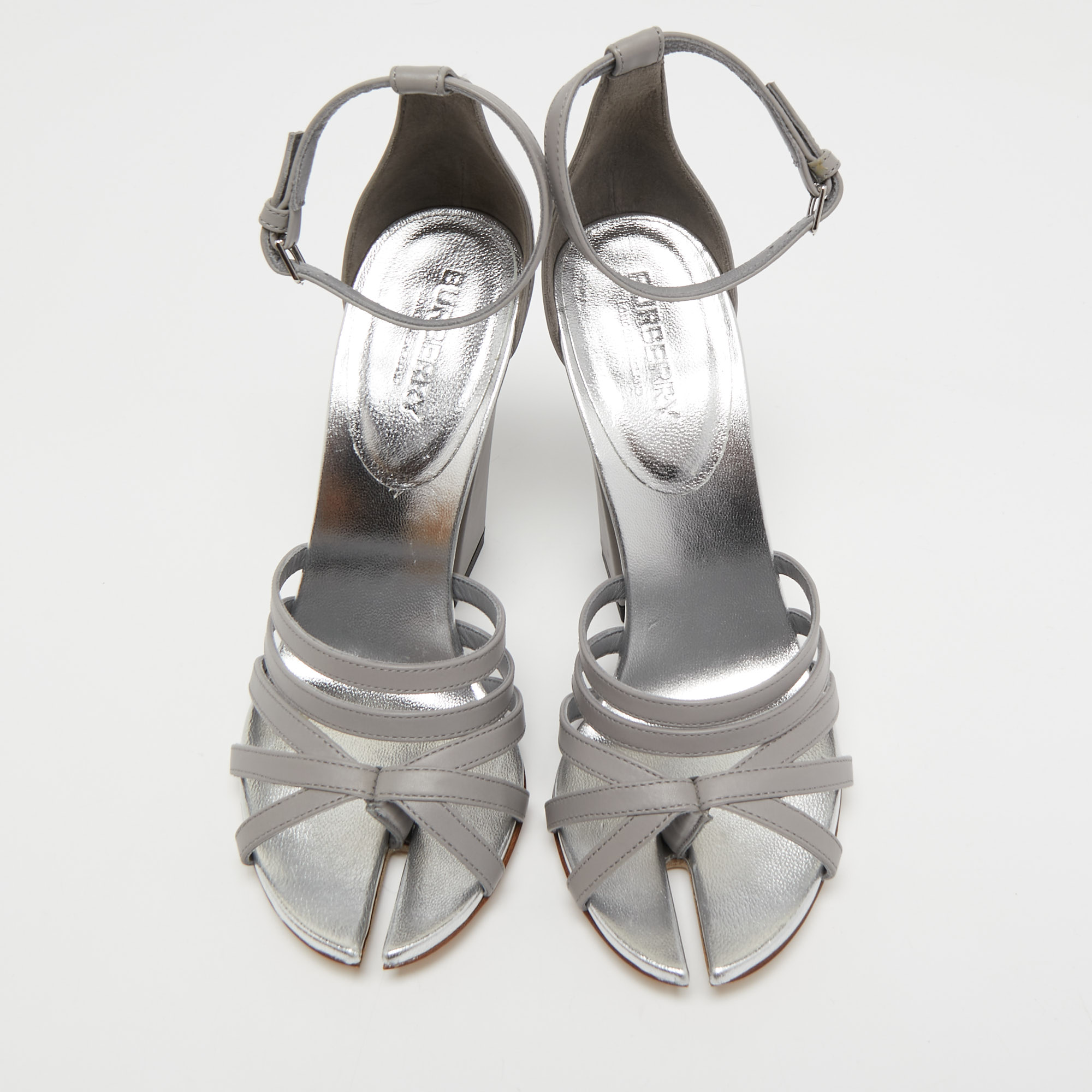 Burberry Grey Leather Hovehigh Ankle Sandals Size 37