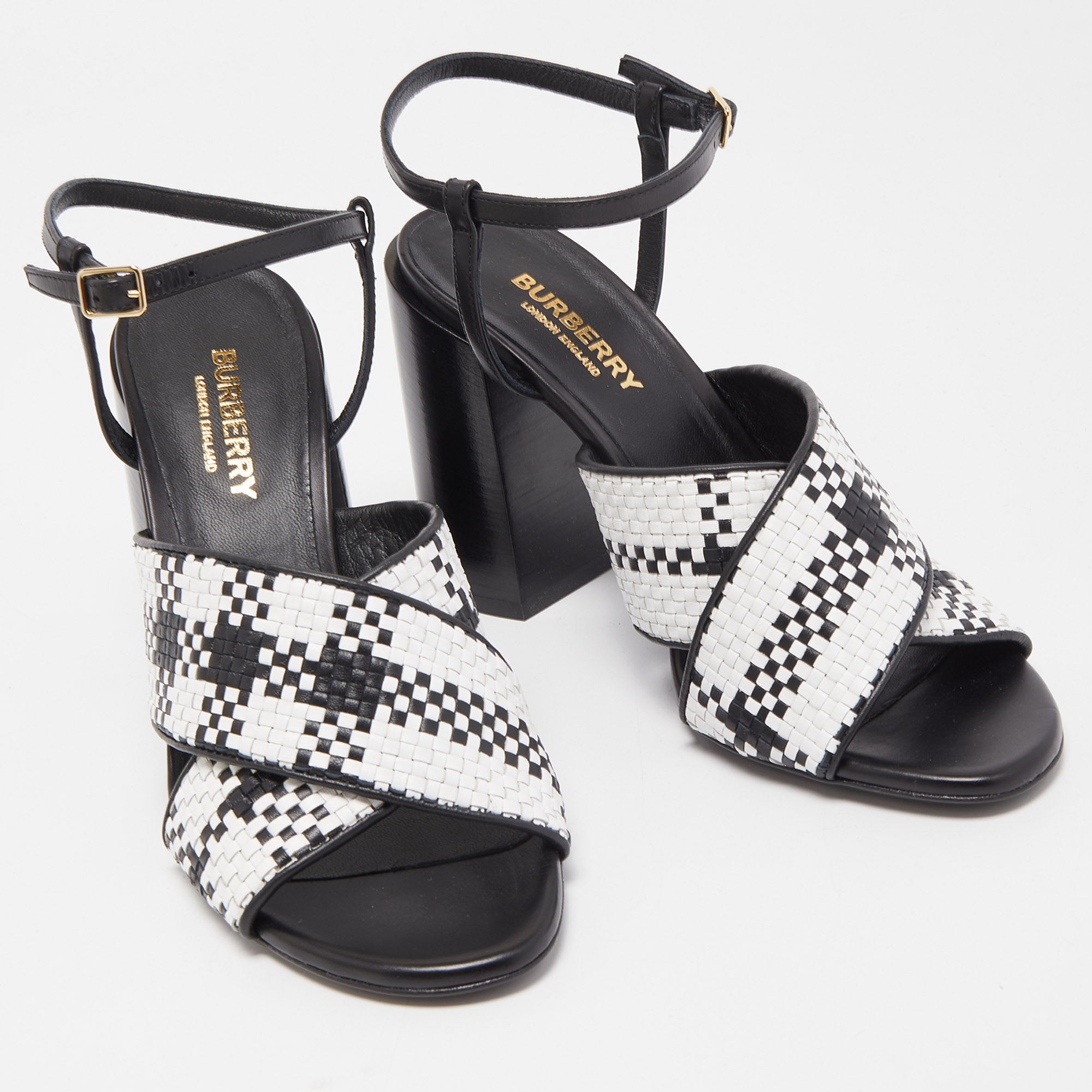 Burberry Black/White Woven Leather Castlebar Ankle Strap Sandals Size 37