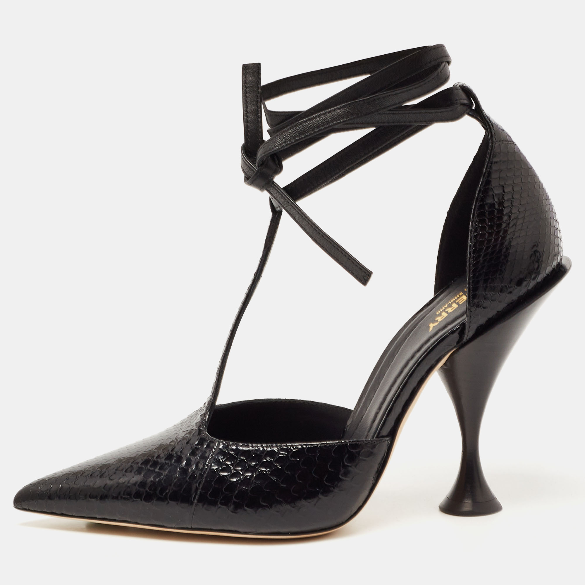 Burberry Black Python Embossed Leather Wellton Pointed Toe T Ankle Strap Pumps Size 38.5