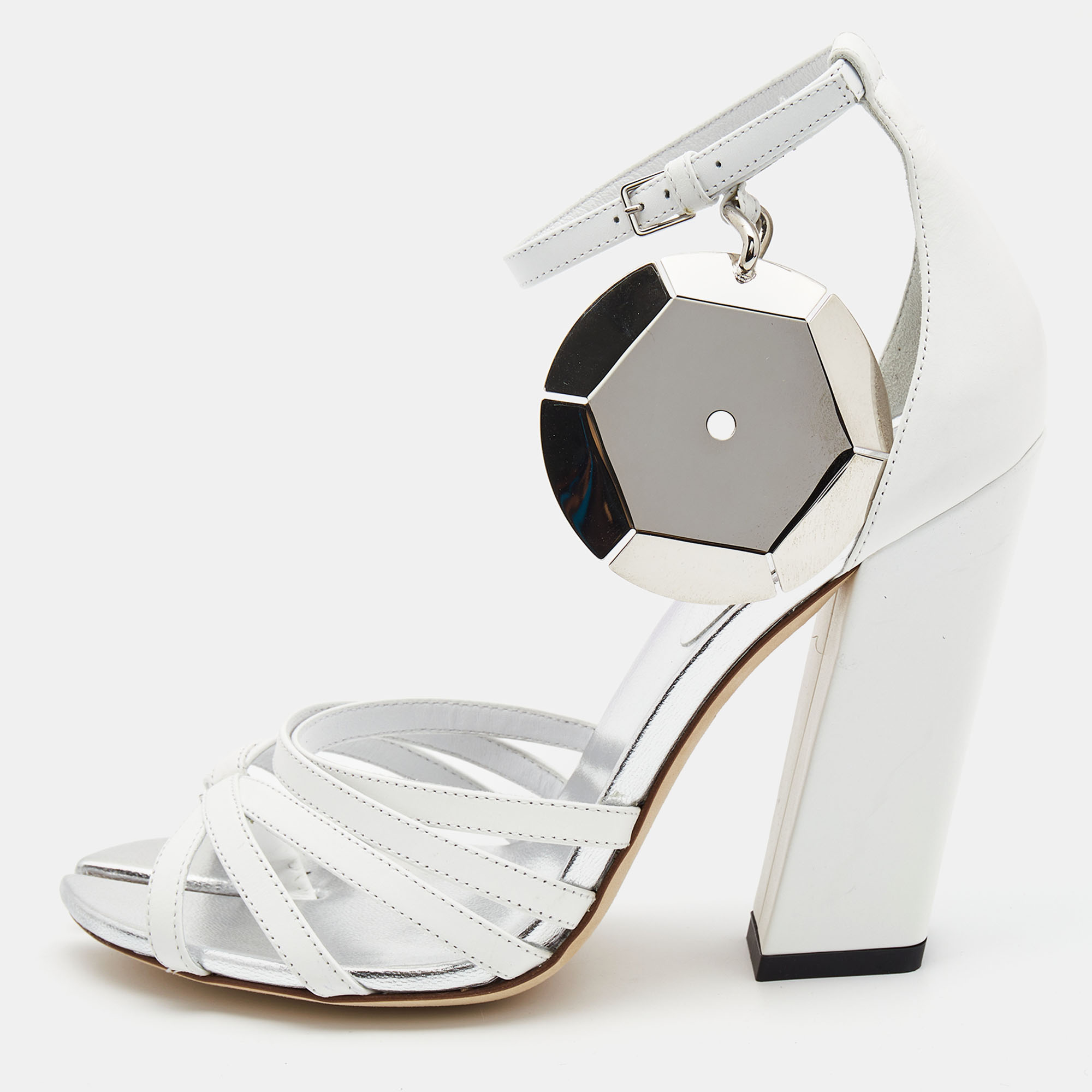 Burberry White Leather Block Heel Ankle Strap Sandals Size 38