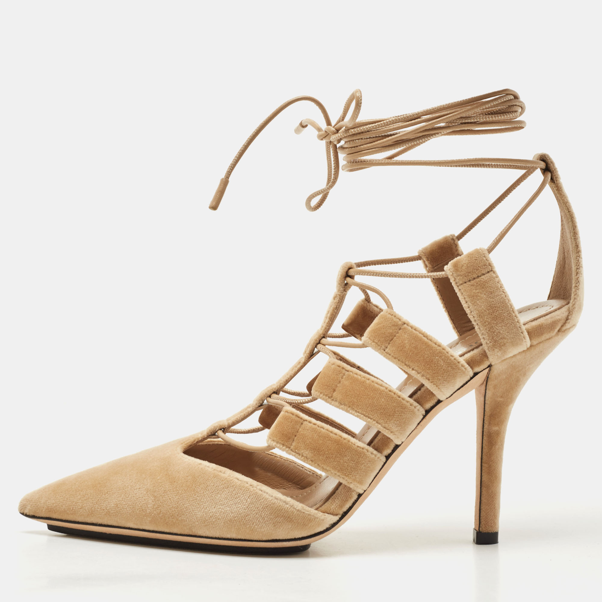 Burberry Beige Velvet Strappy Pointed Toe Ankle Wrap Pumps Size 37