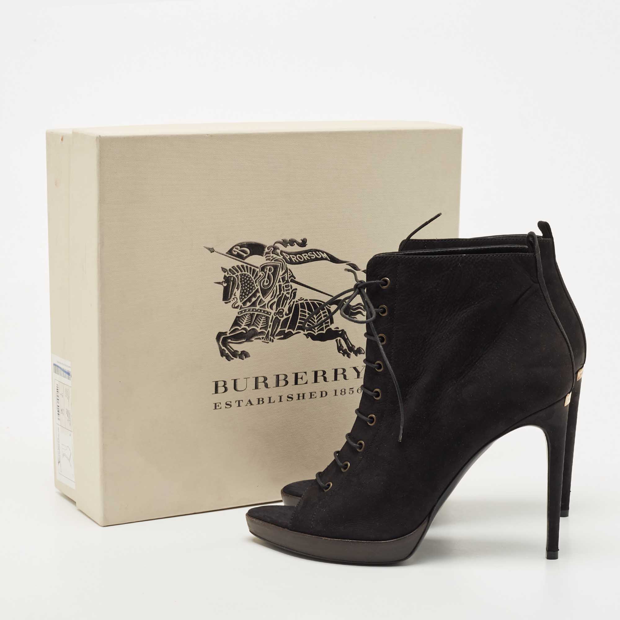 Burberry Black Nubuck Leather Peep Toe Lace Up Ankle Boots Size 40