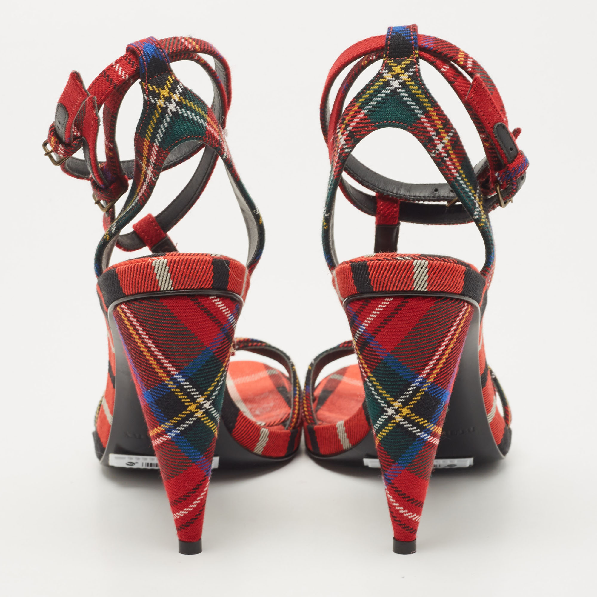Burberry Red Checkered Canvas Hans T Strap Sandals Size 38.5