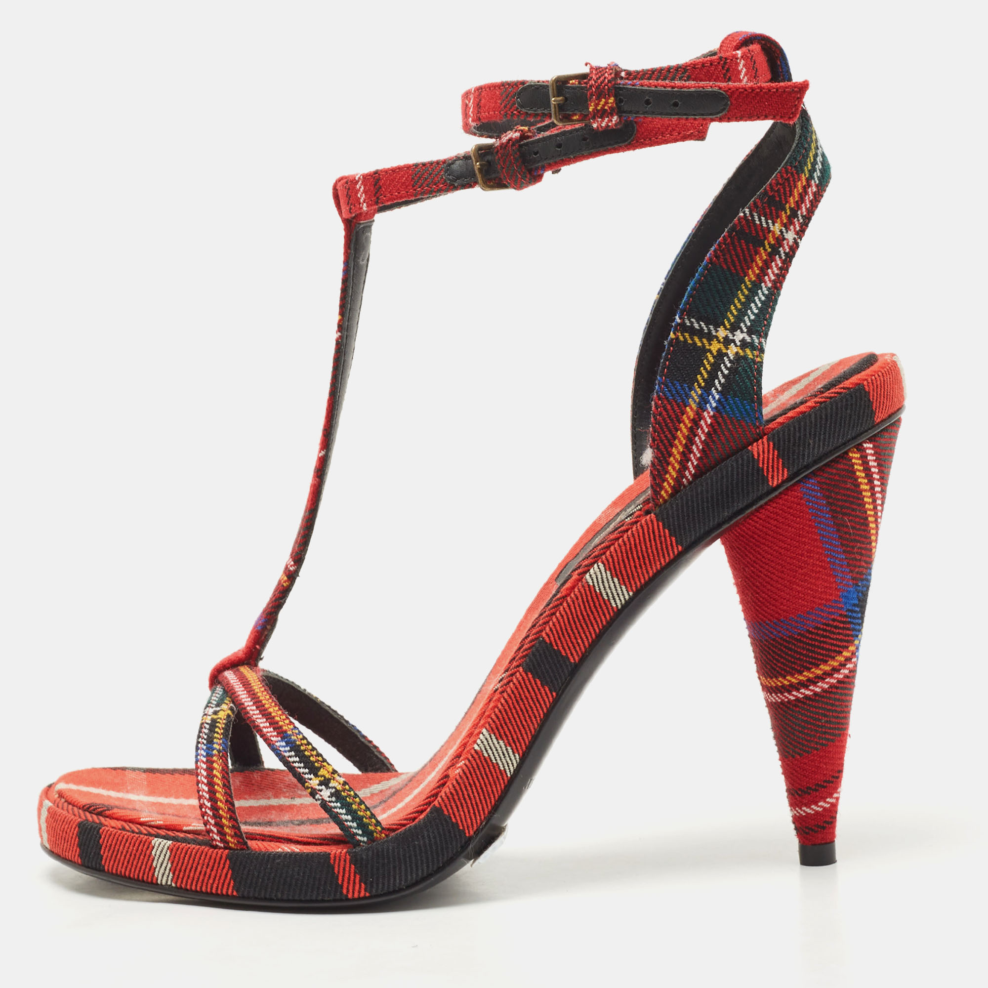 Burberry red checkered canvas hans t strap sandals size 38.5