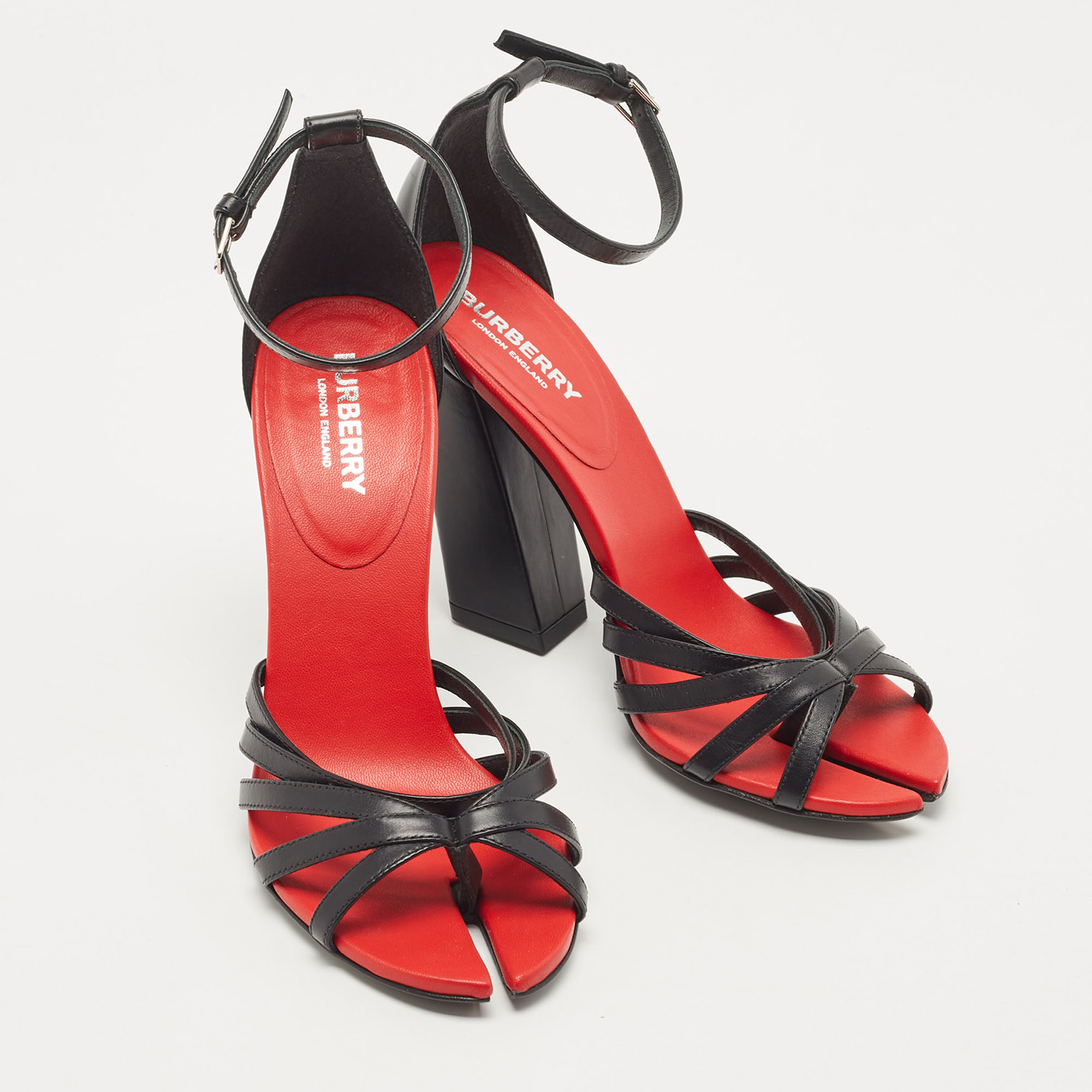 Burberry Black/Red Leather Hove Heel Ankle Strap Sandals Size 36