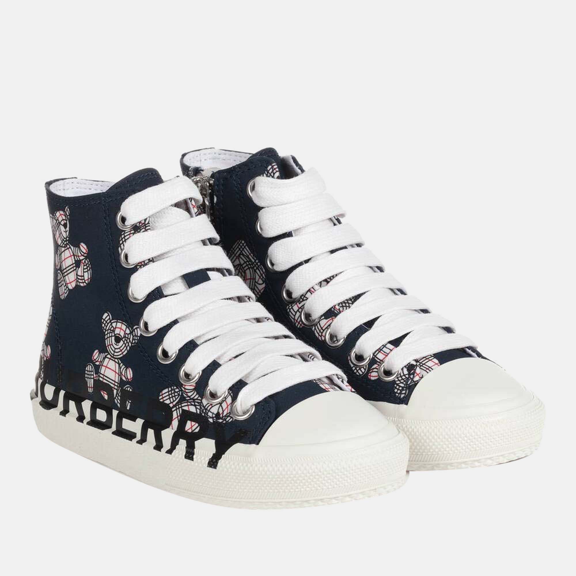 Burberry buberry (kids) navy blue - canvas & leather - high top kids larkhall sneakers - eu 32