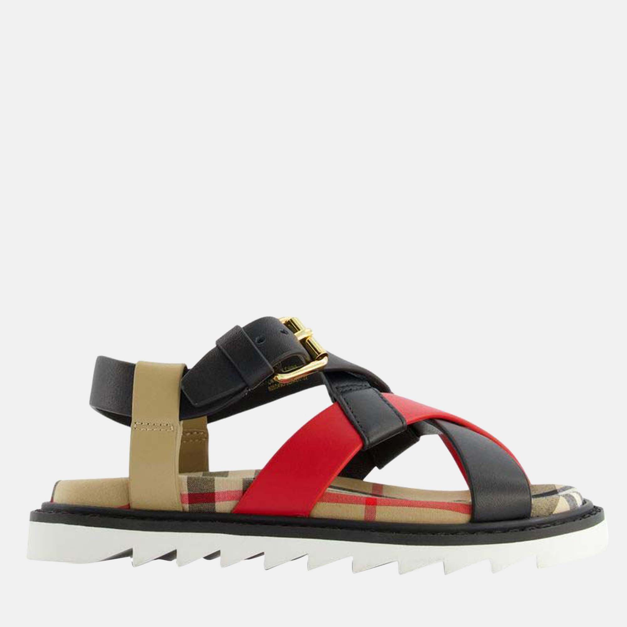 Burberry buberry (kids) black/red multicolor - leather - jane check-print strappy sandals eu 29