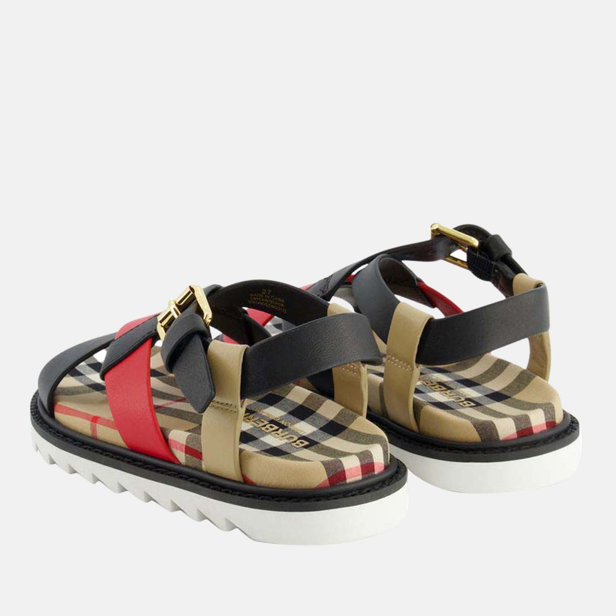 Buberry (Kids) Black/Red Multicolor - Leather - Jane Check-Print Strappy Sandals EU 29