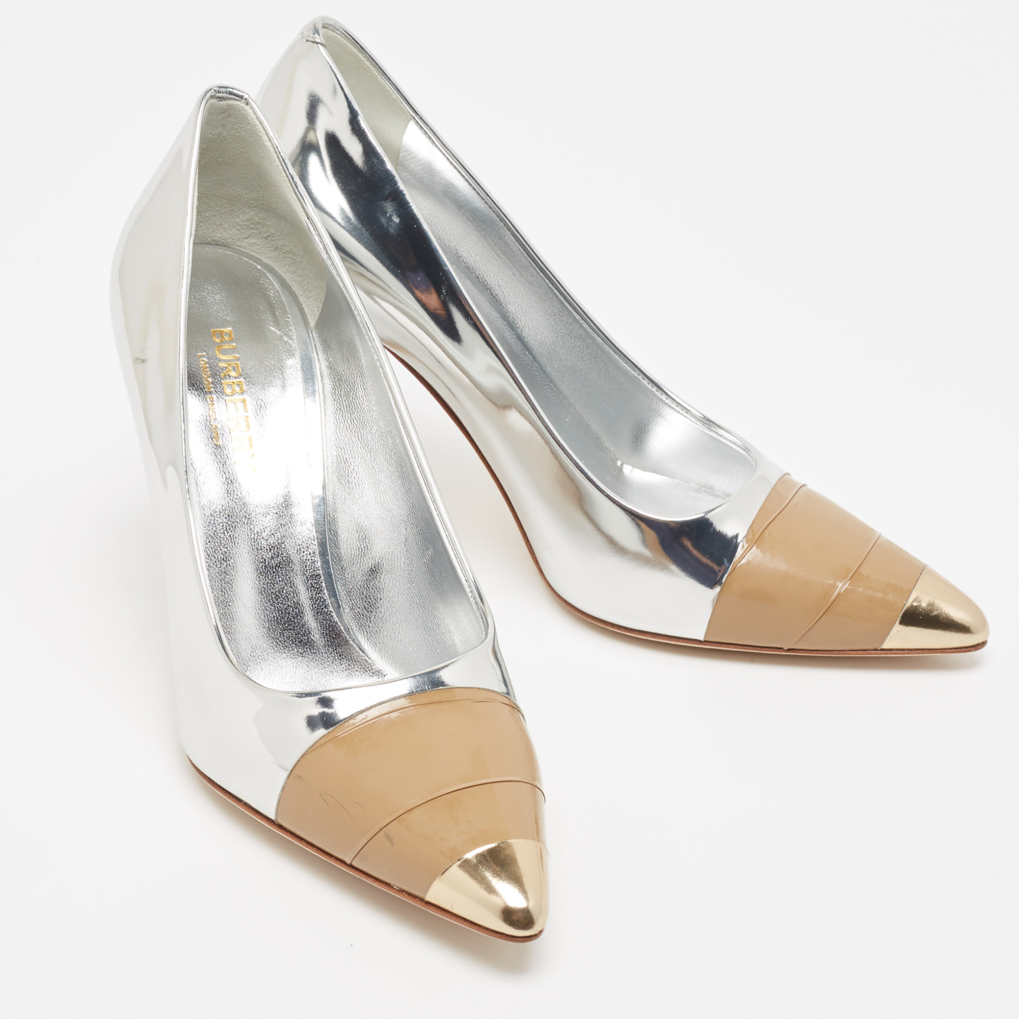 Burberry Silver Patent Pointed Toe Pumps Size 36.5