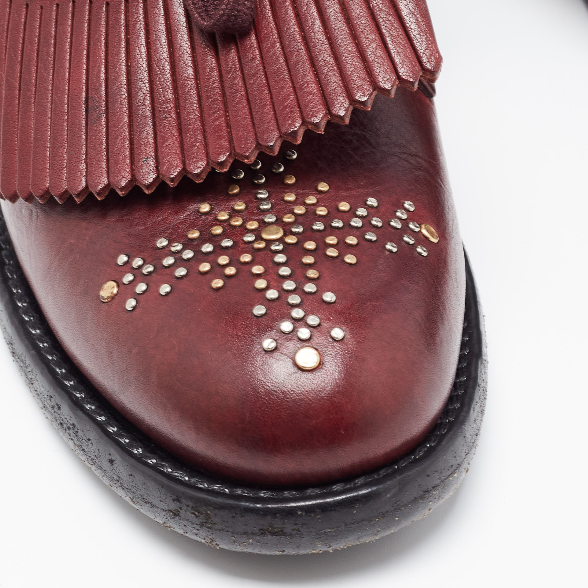 Burberry Burgundy Studded Leather Ampney Fringe Detail Oxfords  Size 37.5