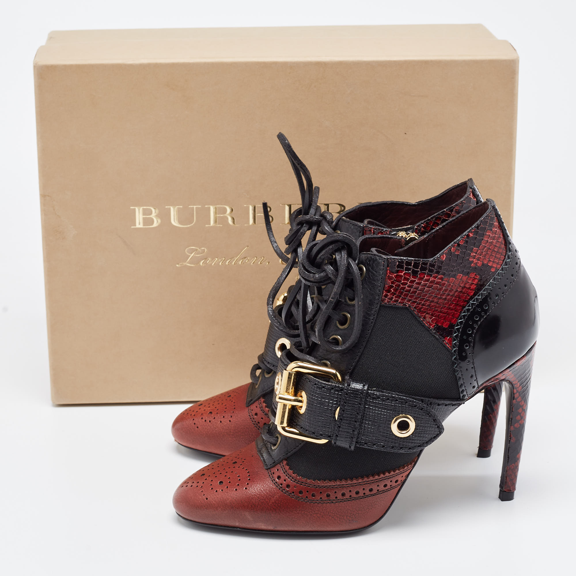 Burberry Black/Burgundy Leather And Python Embossed Westmarsh Buckle Ankle Boots Size 36