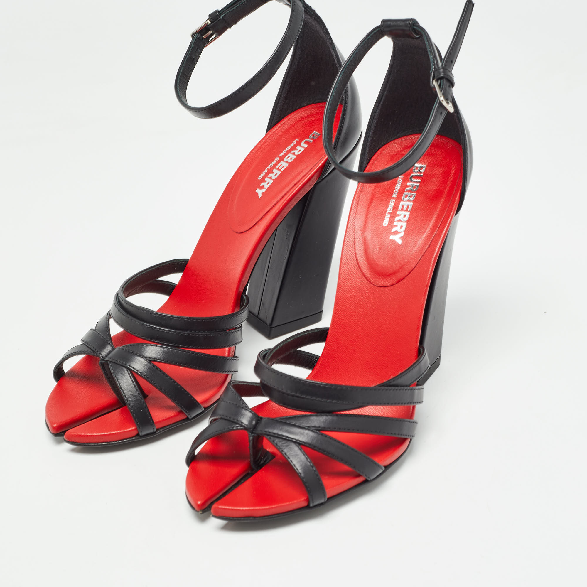 Burberry Black/Red Leather Hove Heel Ankle Strap Sandals Size 36