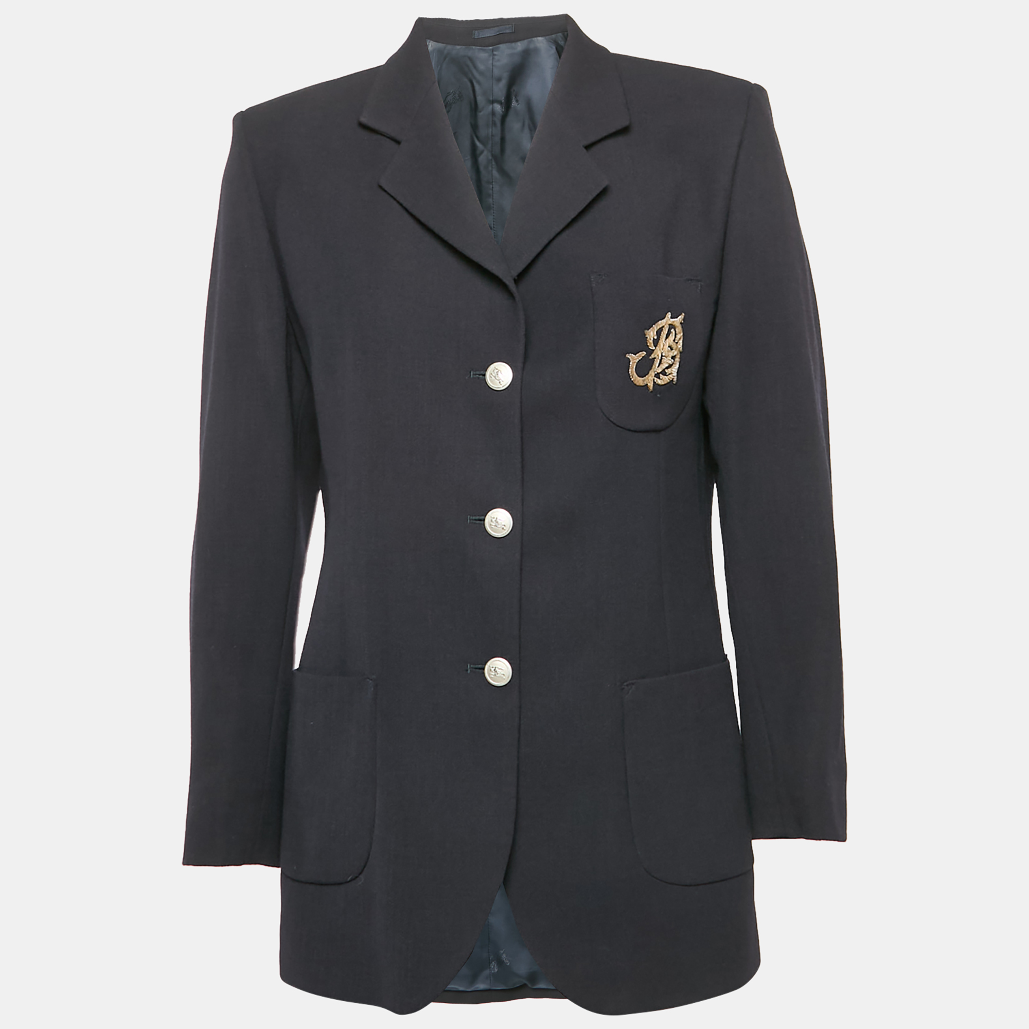 Burberry Prorsum Vintage Navy Blue Logo Embellished Wool Single Breasted Blazer M
Burberry Prorsum Vintage Navy Blue Logo Embellished Wool Single Breasted Blazer M