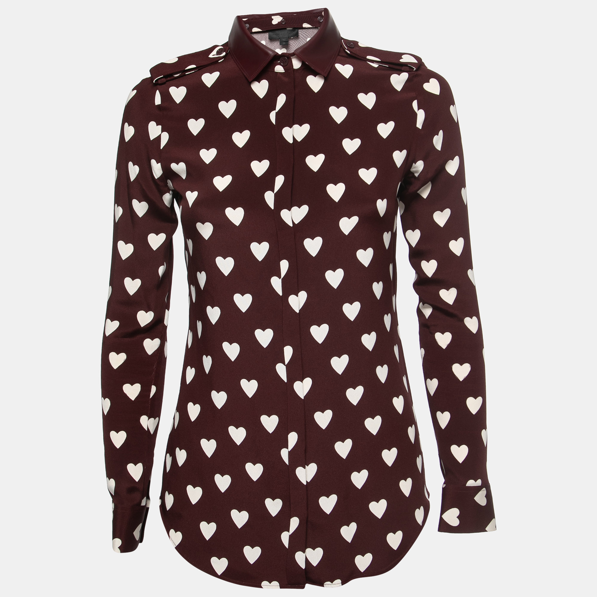Burberry Prorsum Burgundy Heart Printed Silk Collared Shirt S