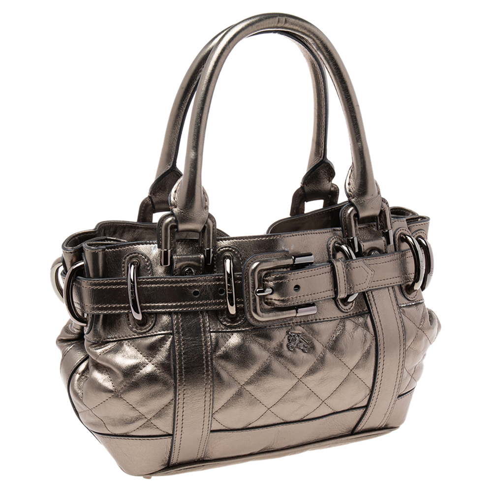Burberry Metallic Gunmetal Quilted Leather Beaton Tote