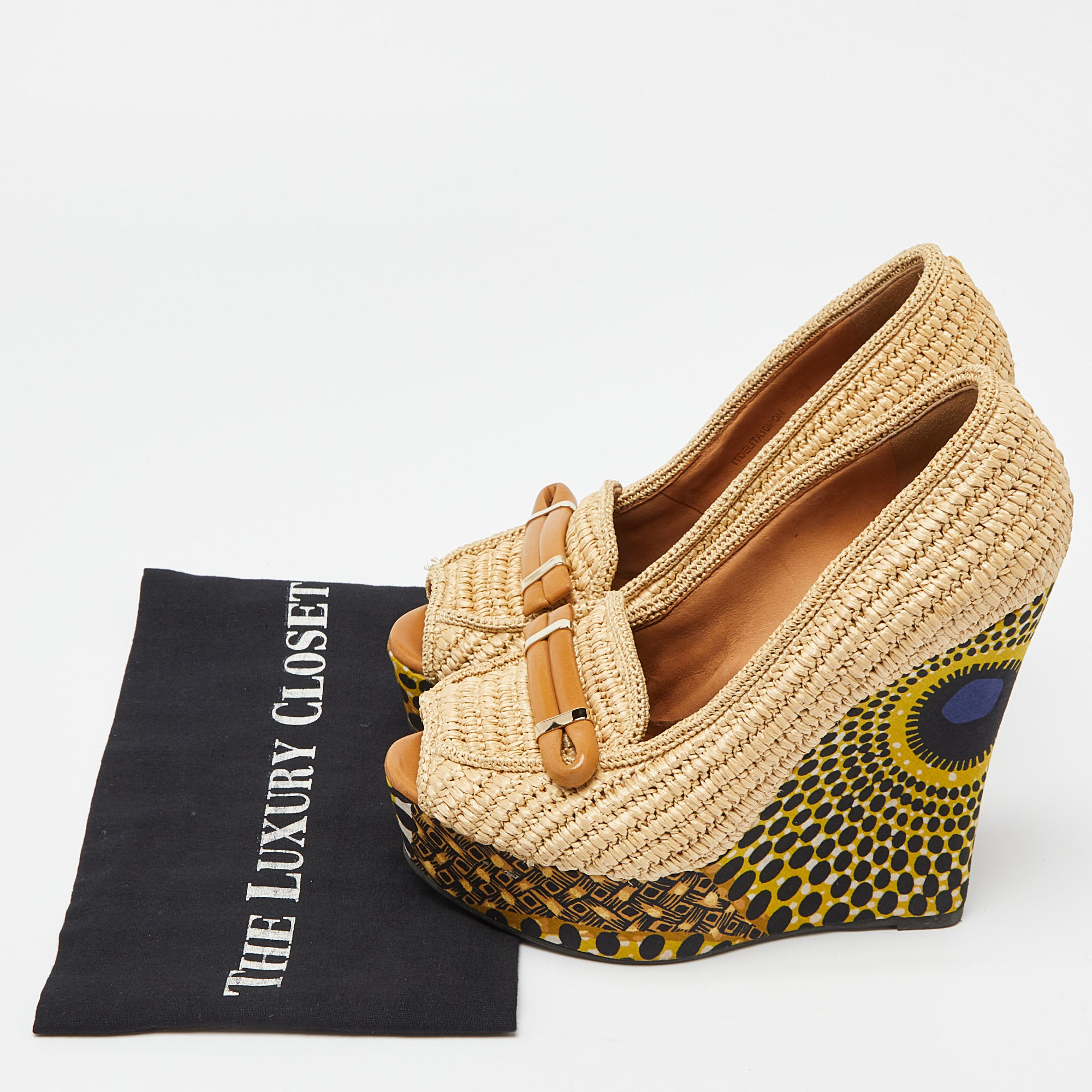 Burberry Beige Raffia And Fabric Open Toe Wedge Pumps Size 38.5