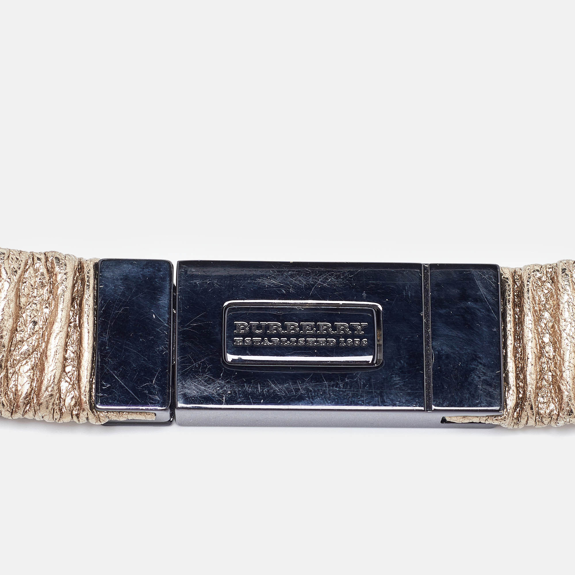 Burberry Gold Gathered Leather Slim Waist Belt 85CM