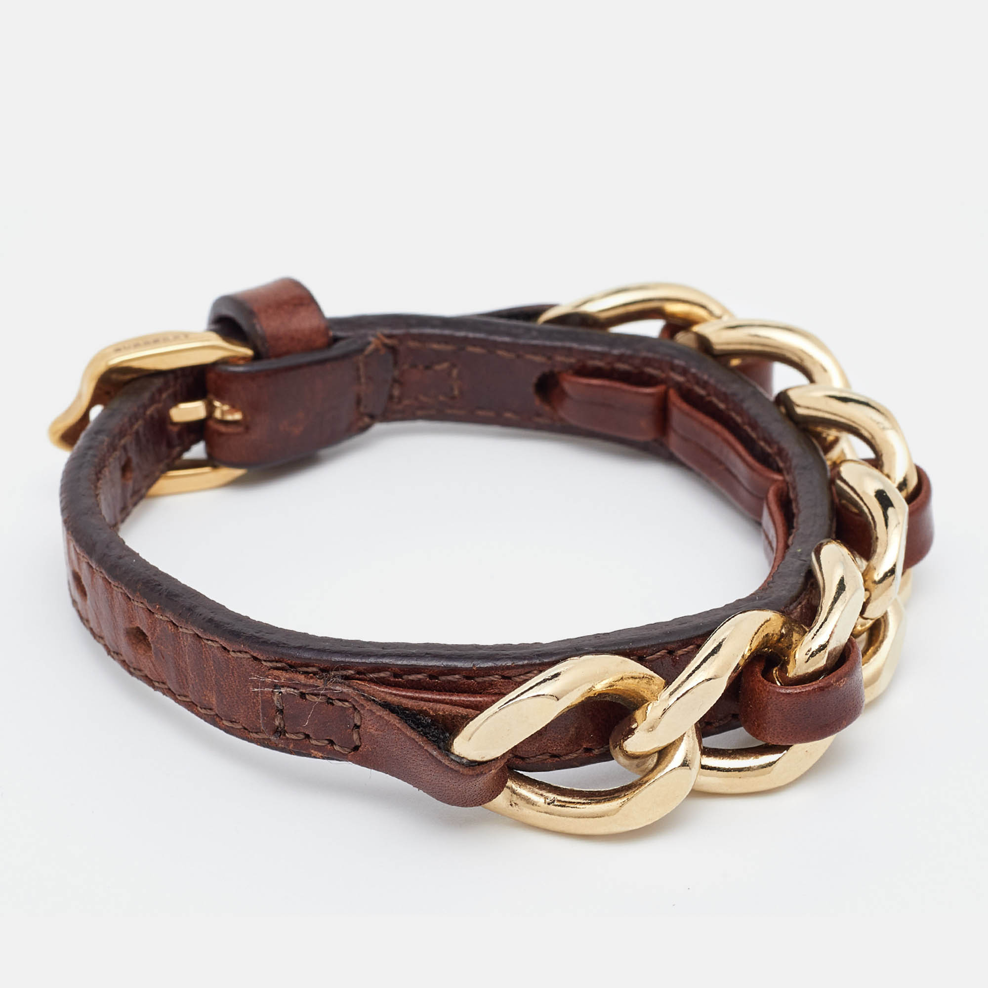 Burberry Brown Leather Chain Detail Wrap Bracelet