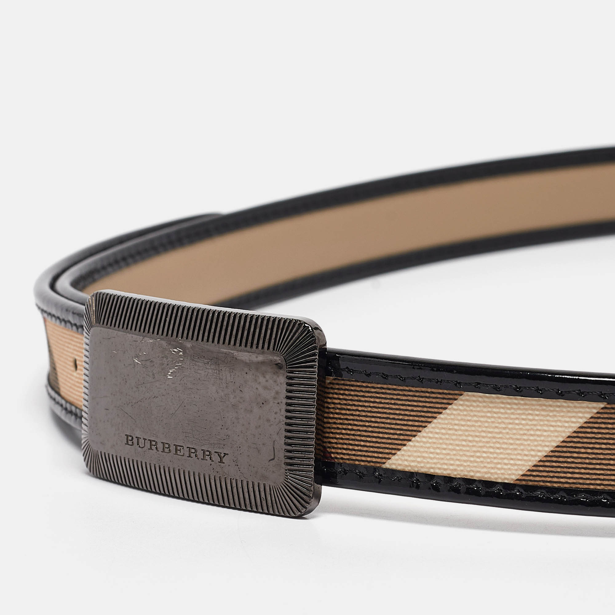 Burberry Black/Beige Nova Check PVC And Patent Leather Logo Plague Belt 100CM