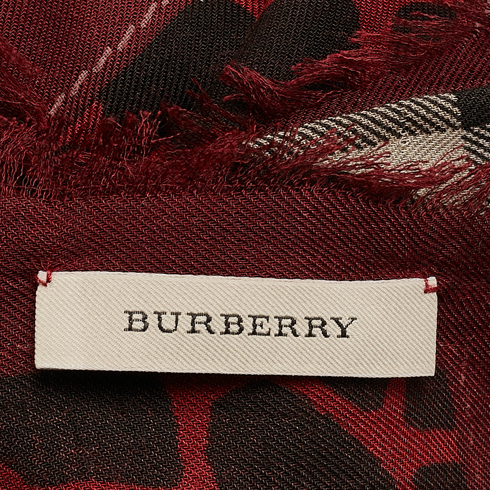 Burberry Brown/Red Leopard Print Haymarket Check Silk Blend Scarf