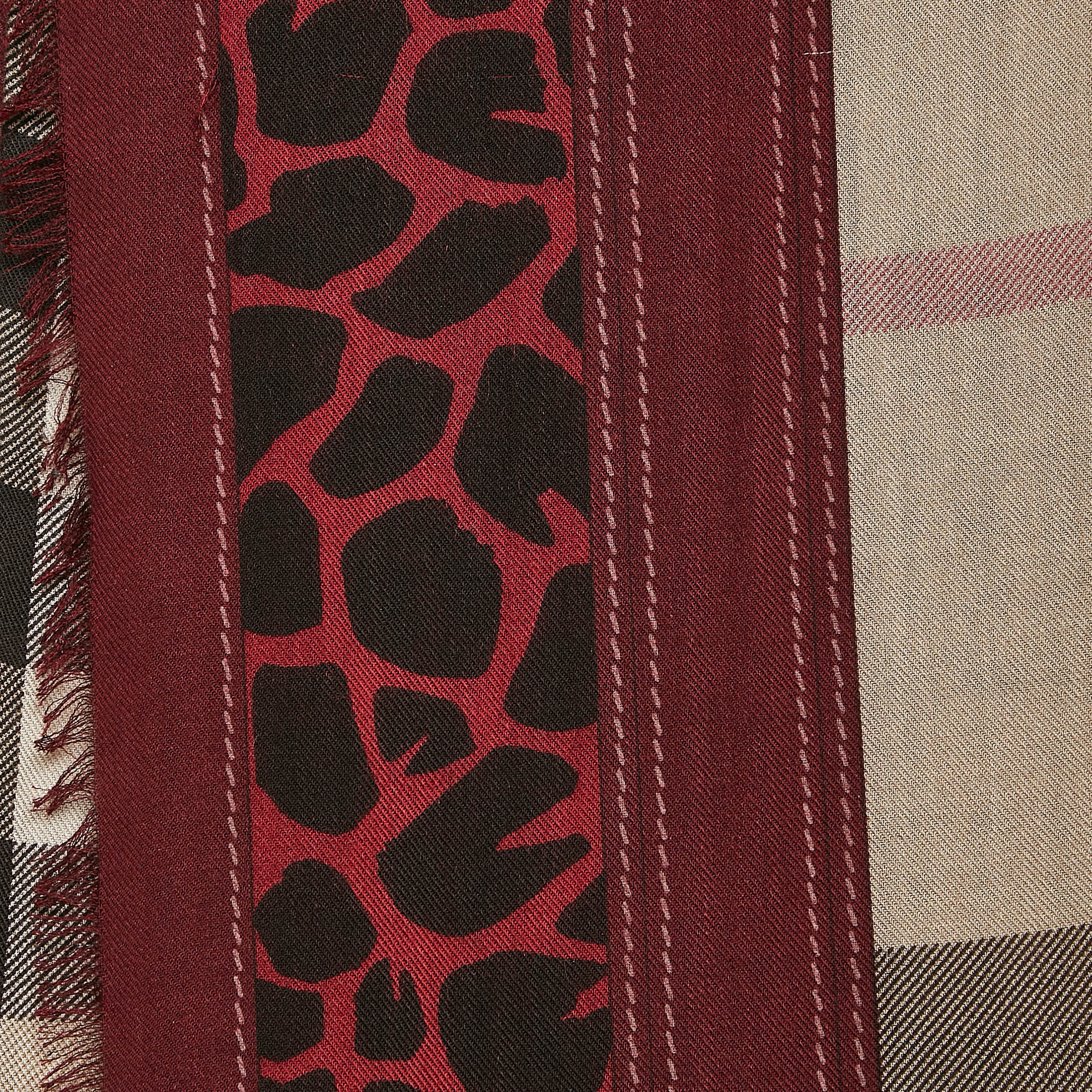 Burberry Brown/Red Leopard Print Haymarket Check Silk Blend Scarf