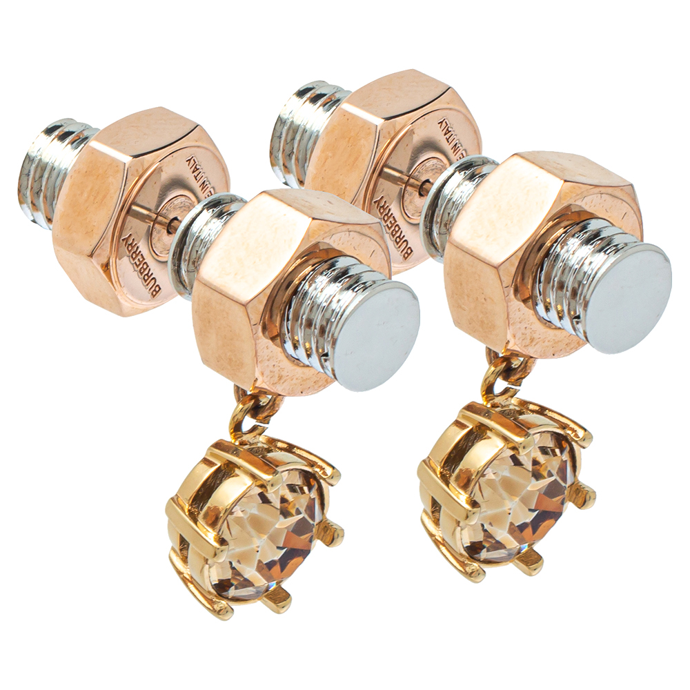 Burberry Two Tone Crystal Nut & Bolt Drop Earrings