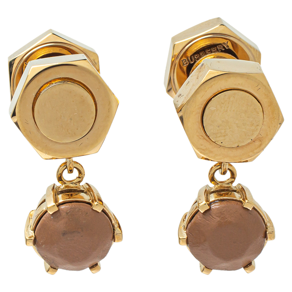 Burberry gold plated leather inlay nut & bolt drop earrings