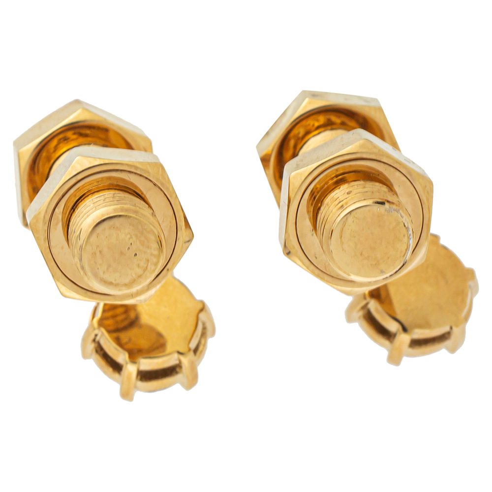 Burberry Gold Plated Leather Inlay Nut & Bolt Drop Earrings
