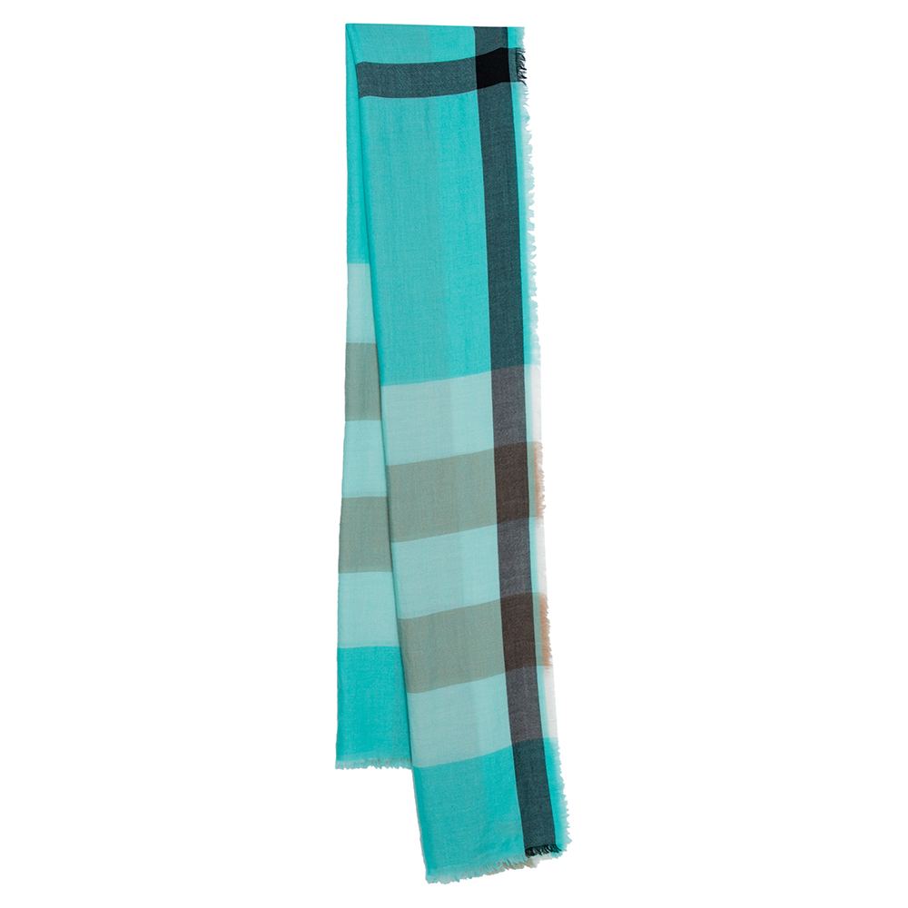 Burberry Sea Blue Check Pattern Cashmere Scarf