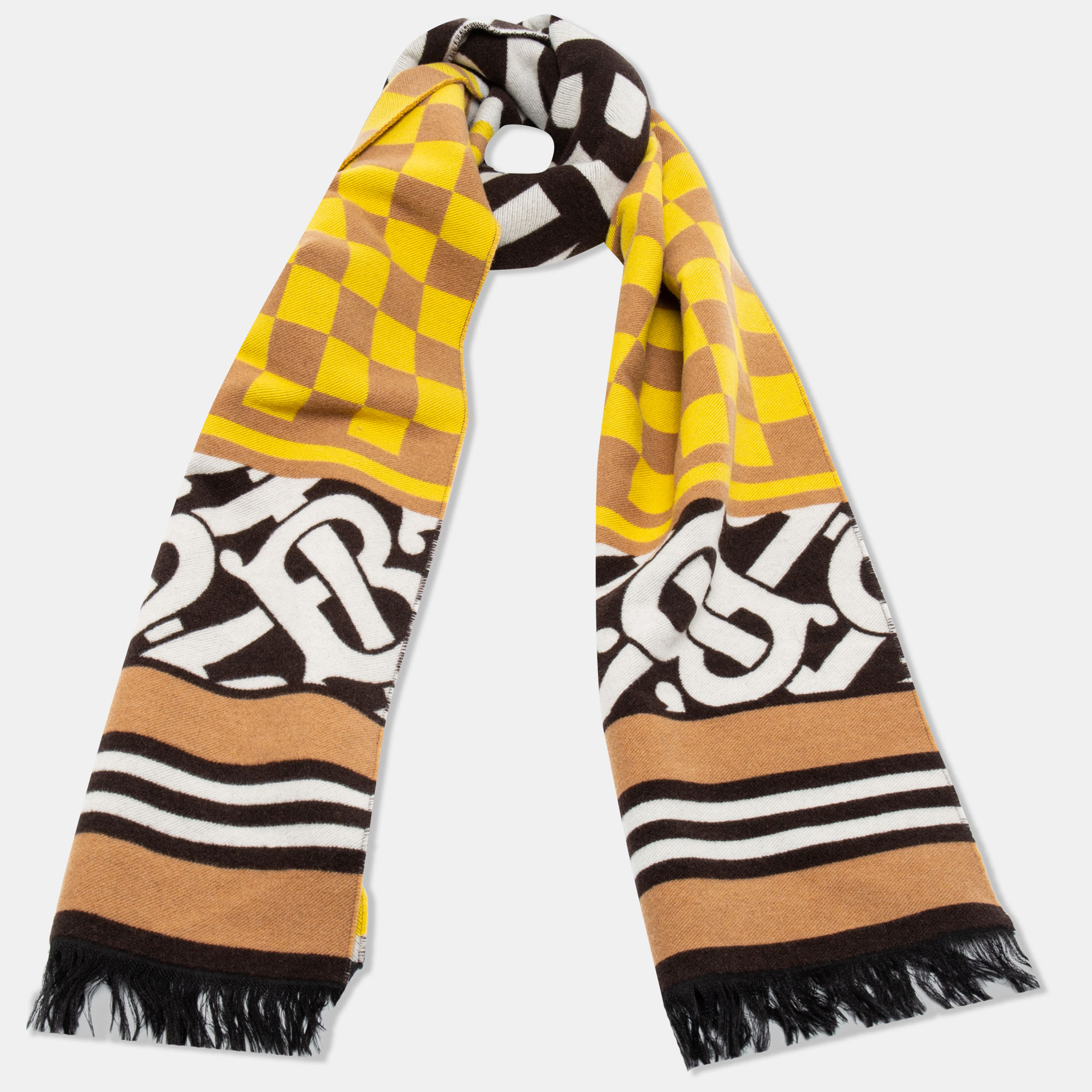 

Burberry Beige Checkerboard Football Cashmere Blend Scarf, Brown