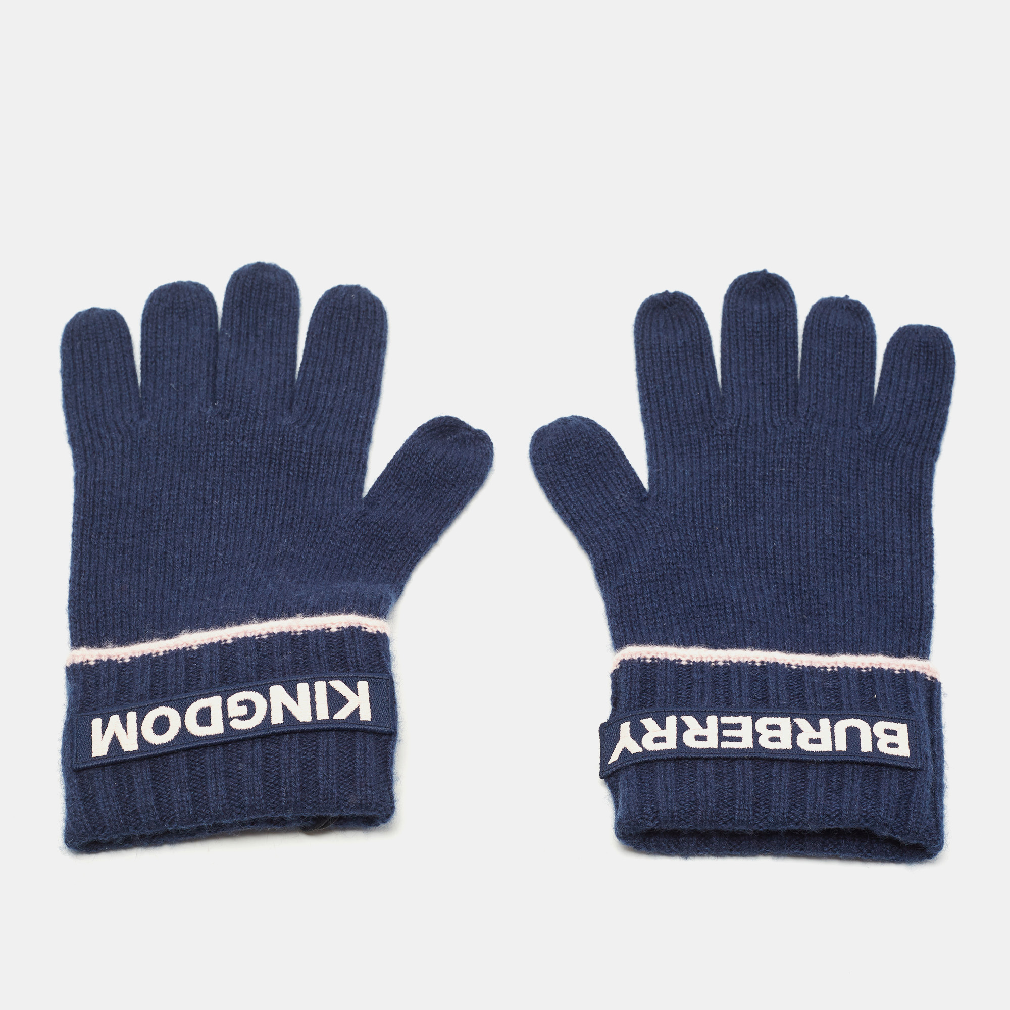 Burberry Navy Blue Cashmere Logo Patch Detail Gloves S/M