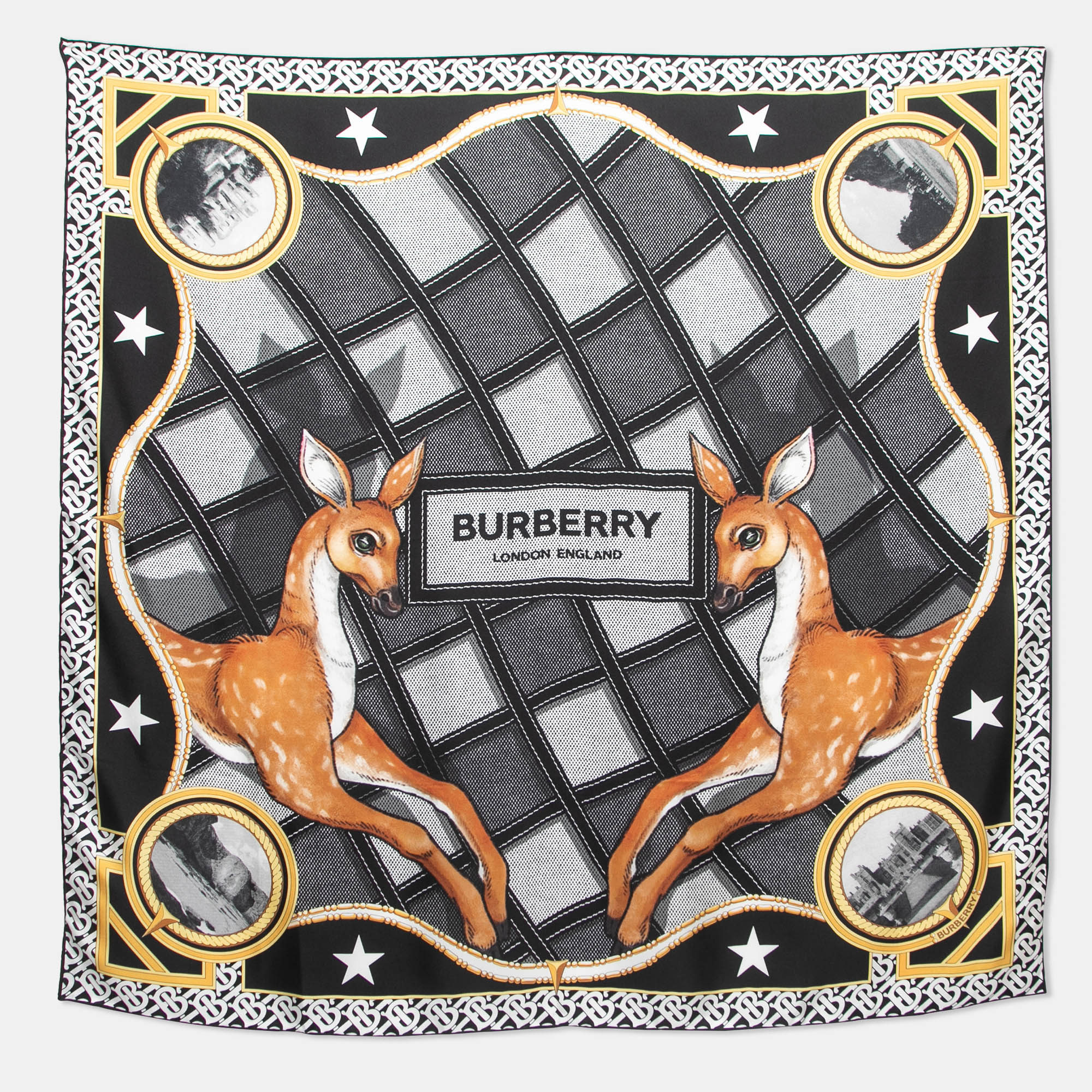Burberry Black Deer Print Silk Scarf
