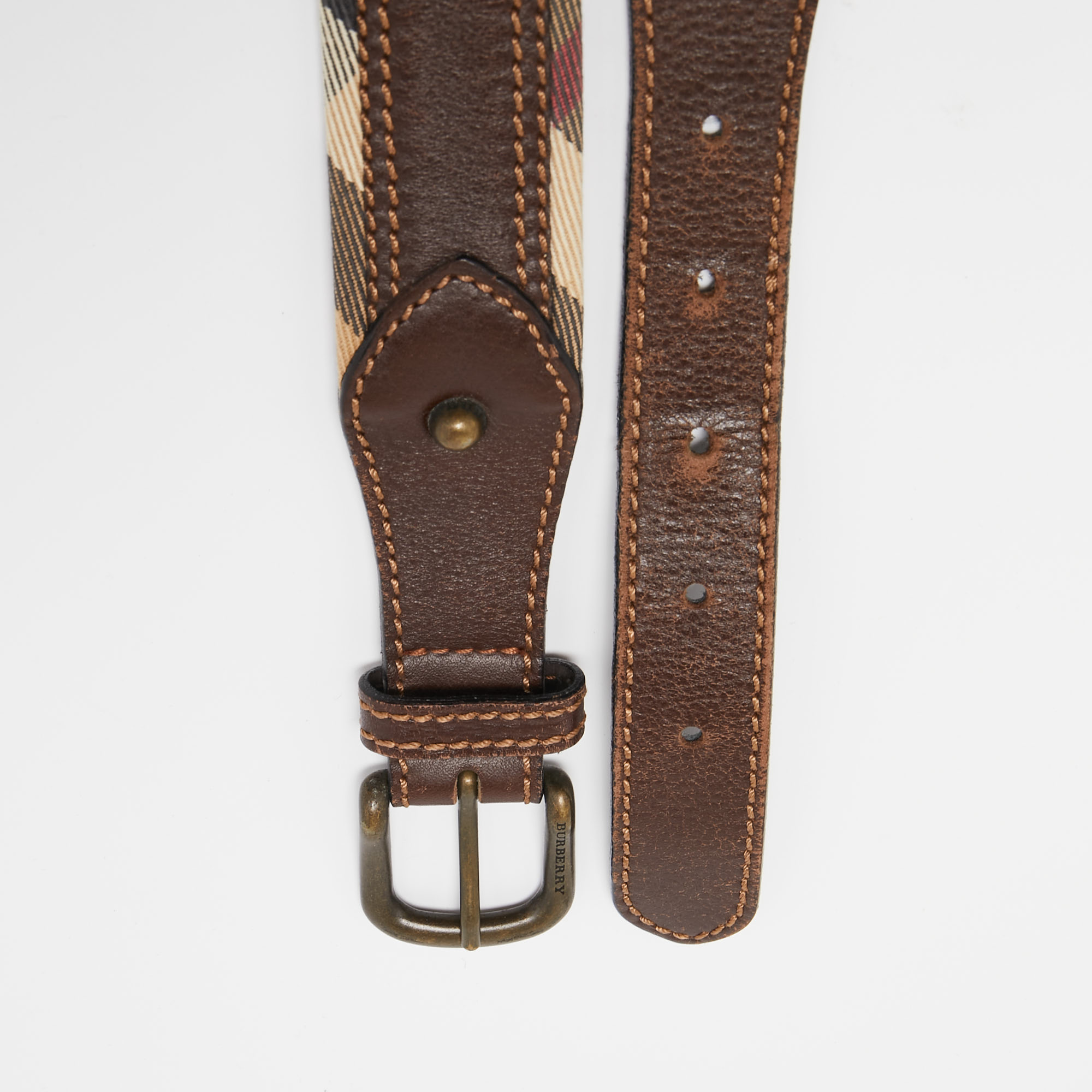 Burberry Dark Brown/Beige Check Canvas And Leather Buckle Belt 90CM