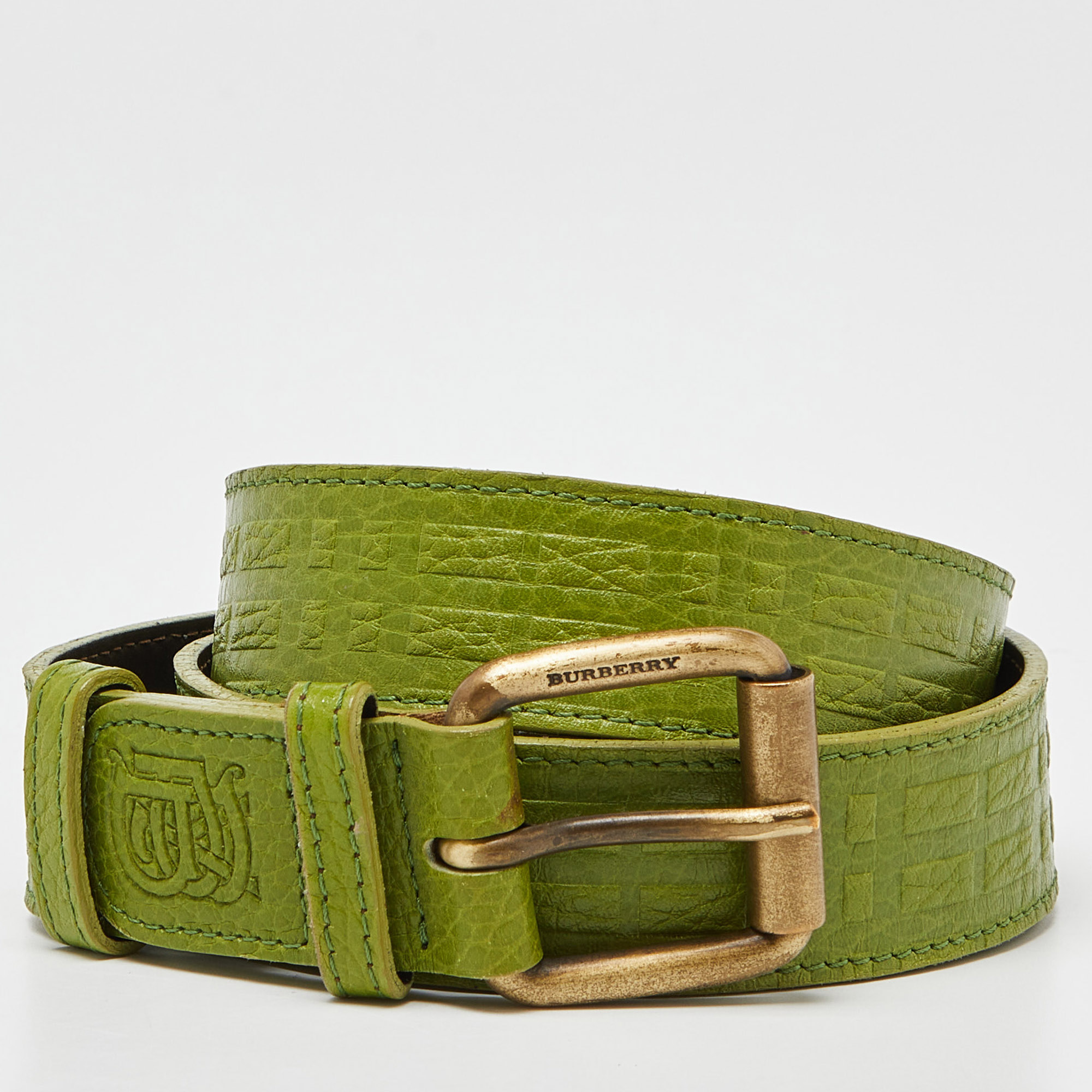 Burberry green leather buckle belt 100cm