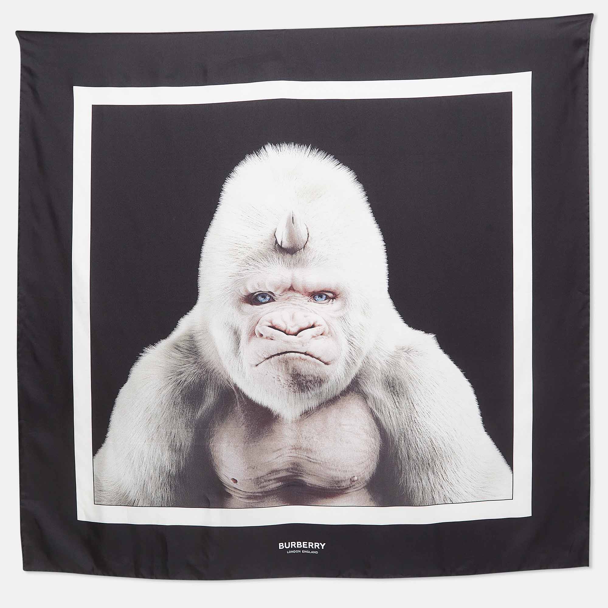 Burberry black gorilla print silk square scarf