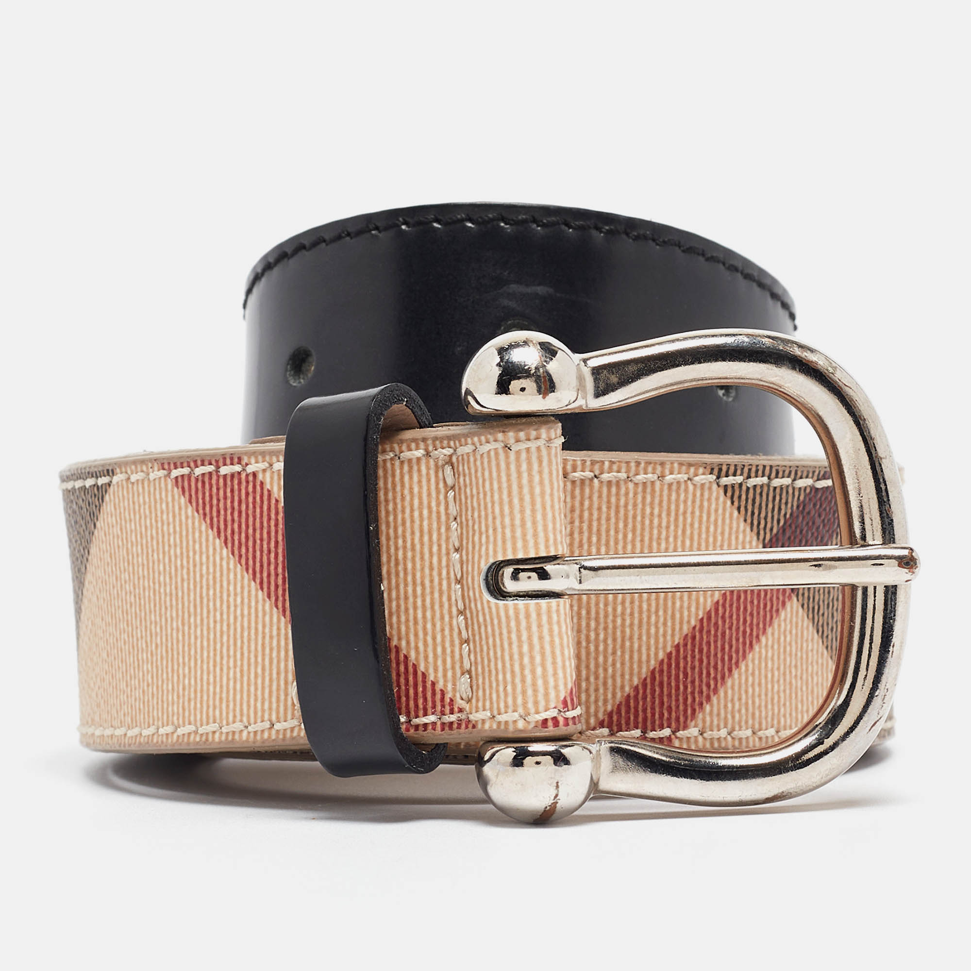 Burberry beige/black house check pvc and leather buckle belt 100cm