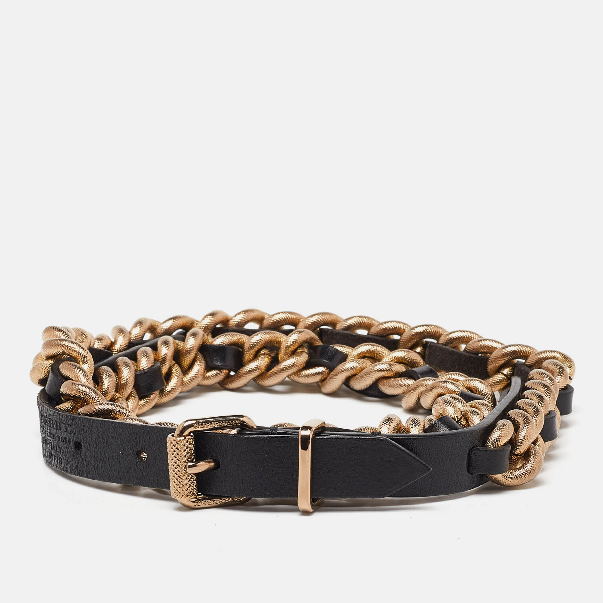 Burberry black/gold leather and chain waist belt s