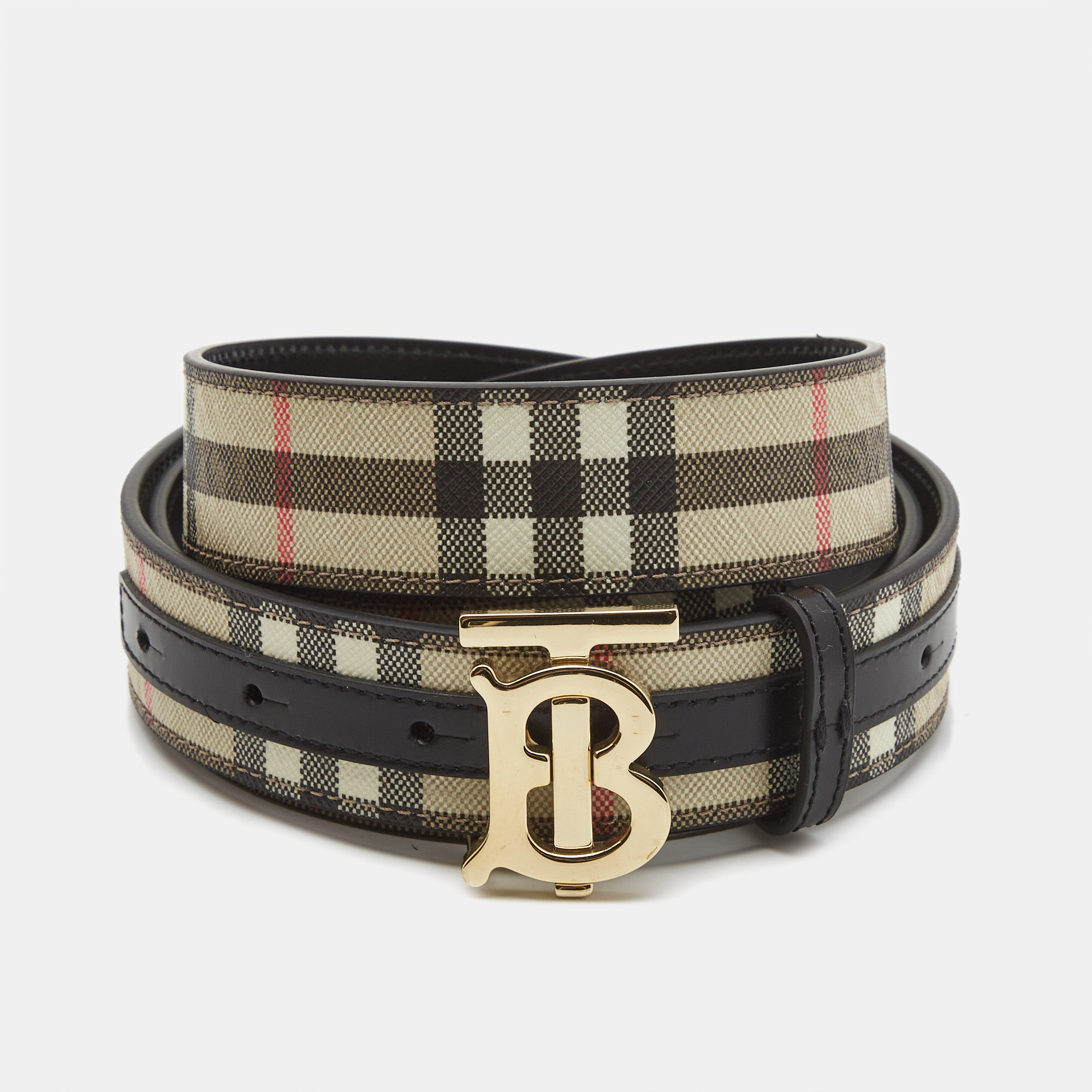 Burberry black/beige house check coated canvas and leather tb logo belt m