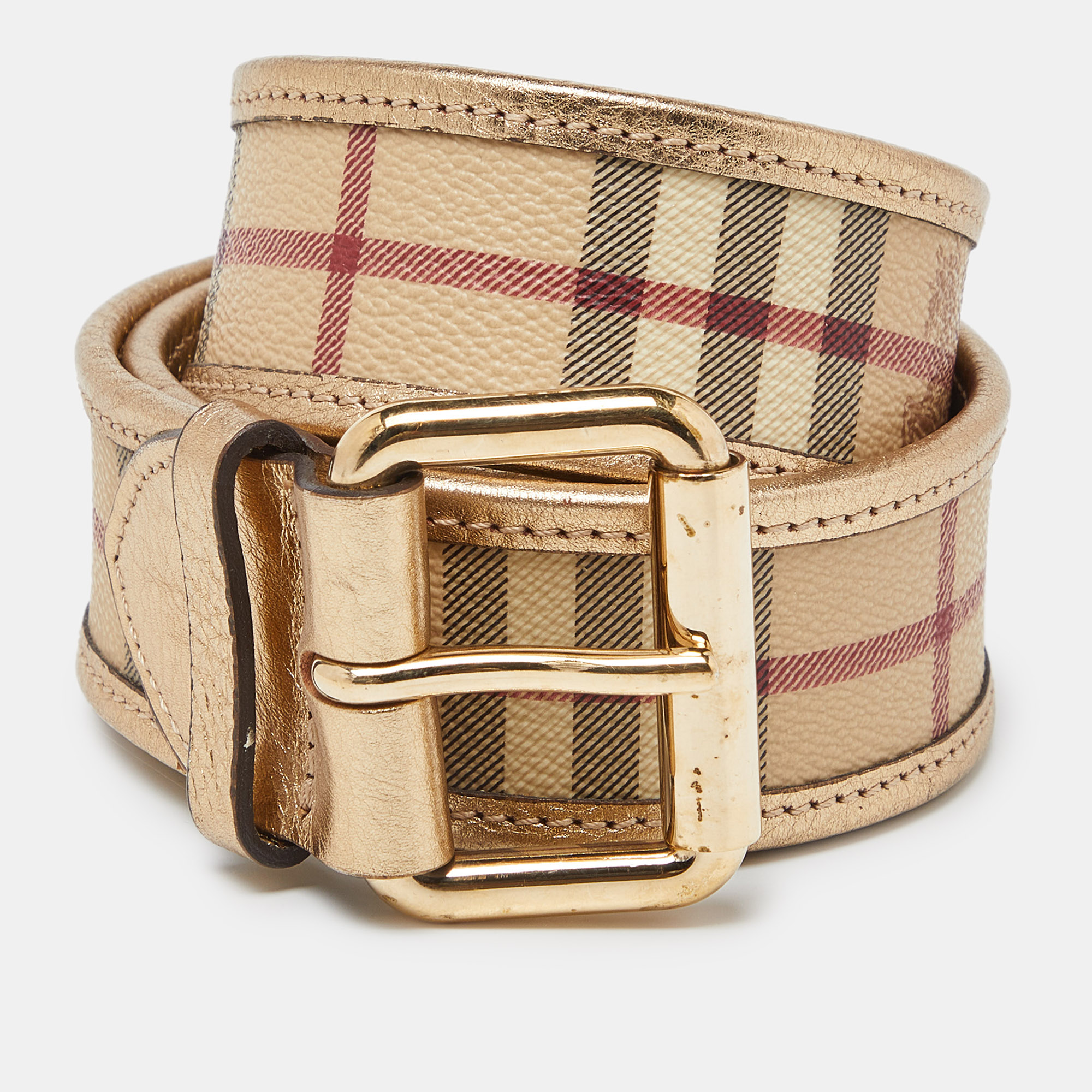 Burberry beige/gold haymarket check pvc and leather buckle belt 80cm