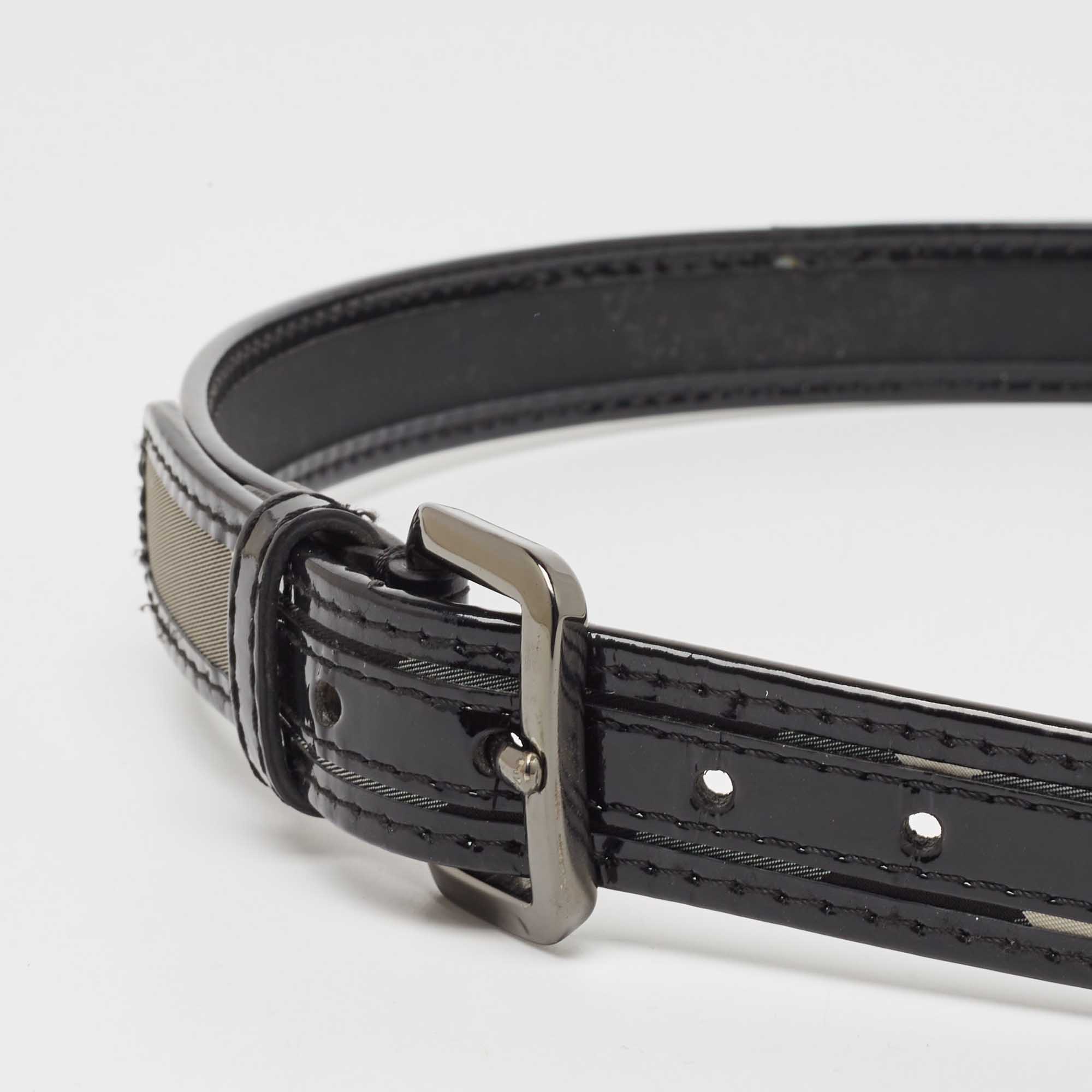 Burberry Black Smoked Check Fabric And Patent Leather Buckle Belt 90CM