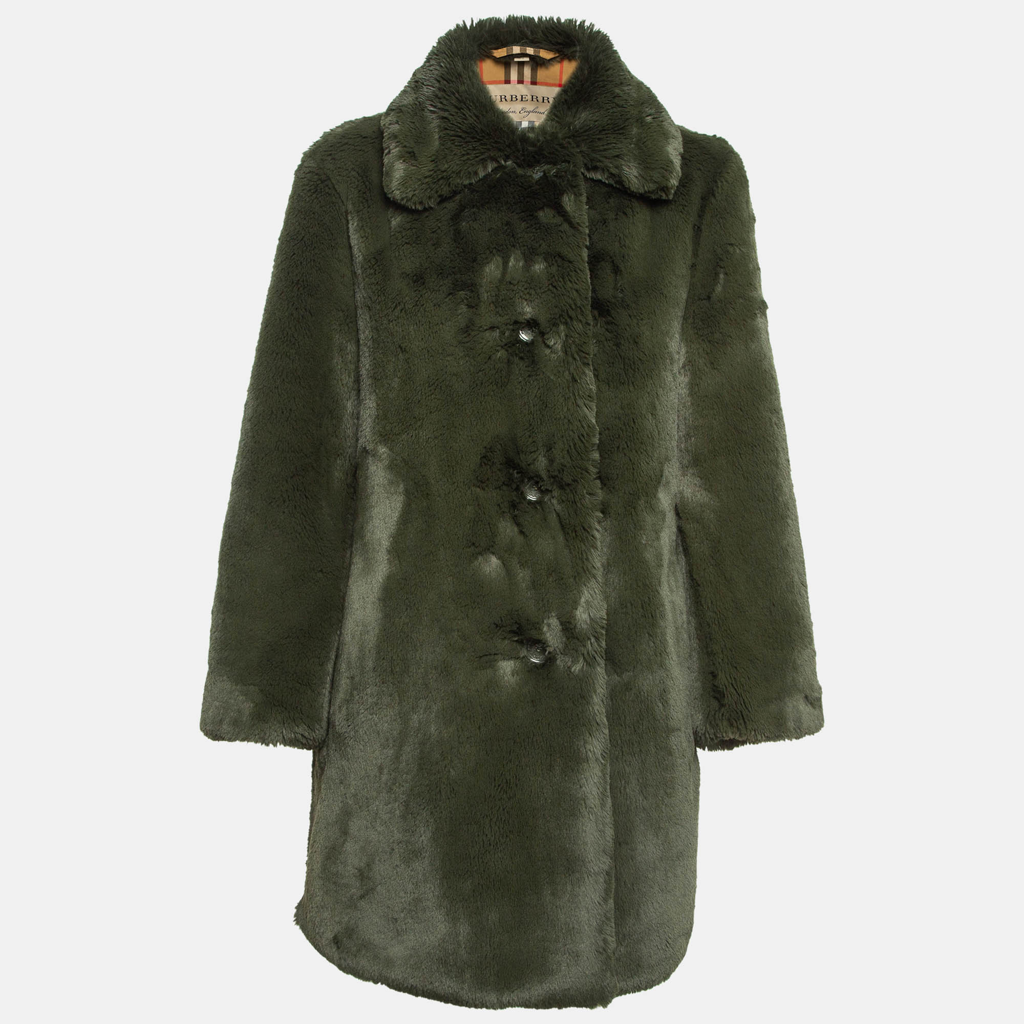 Burberry green faux fur single breasted coat s