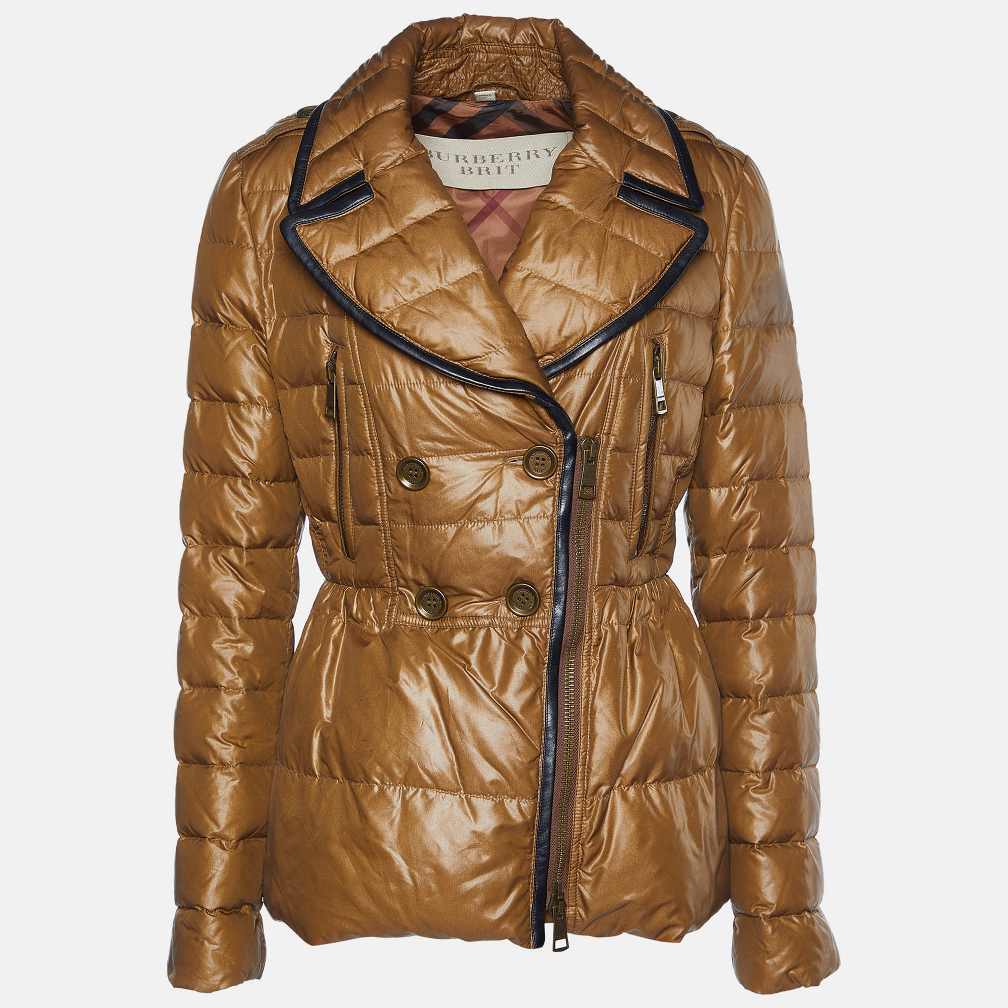 Burberry brown down quilted zip up jacket m