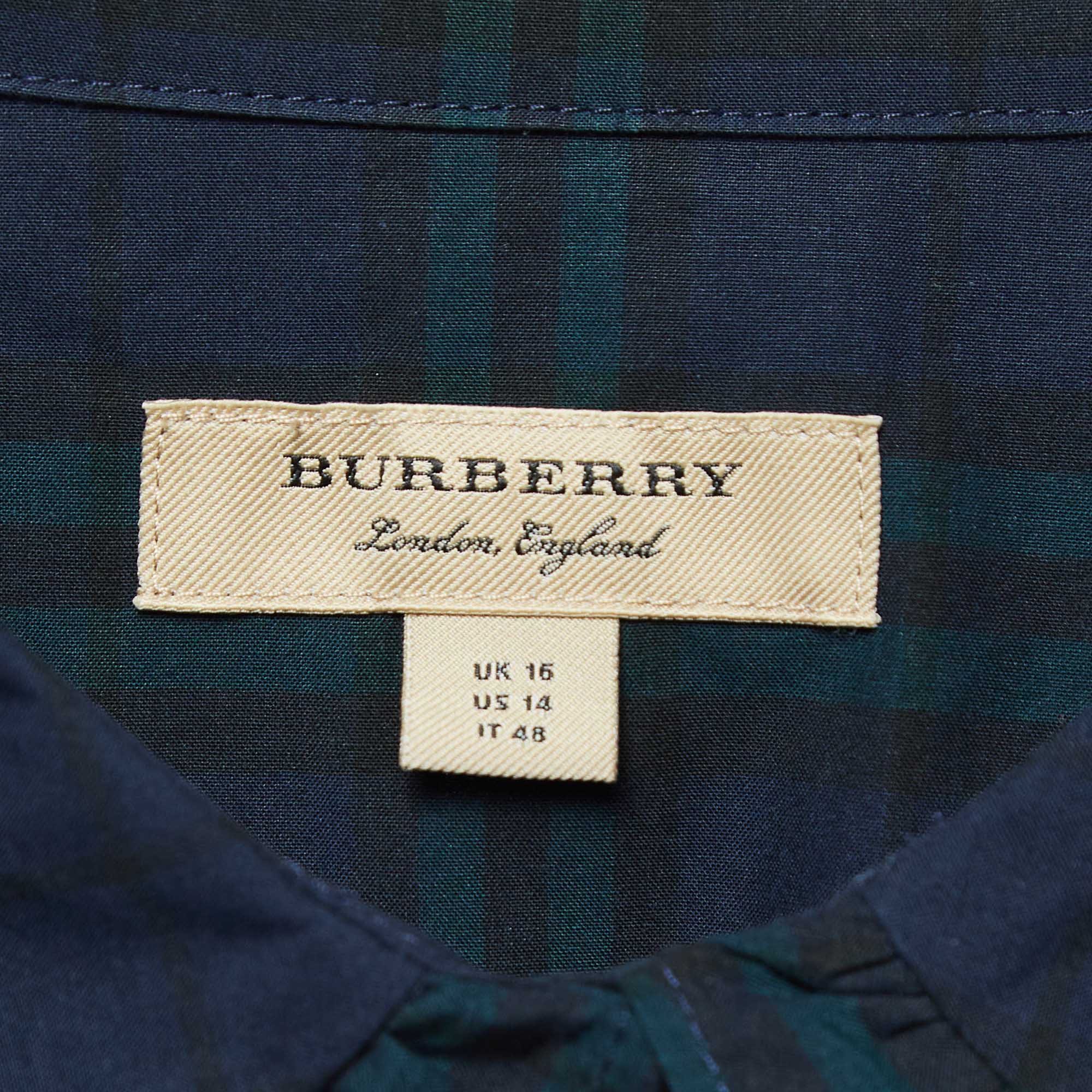 Burberry Navy Blue Plaid Cotton Ruffled Mini Dress L