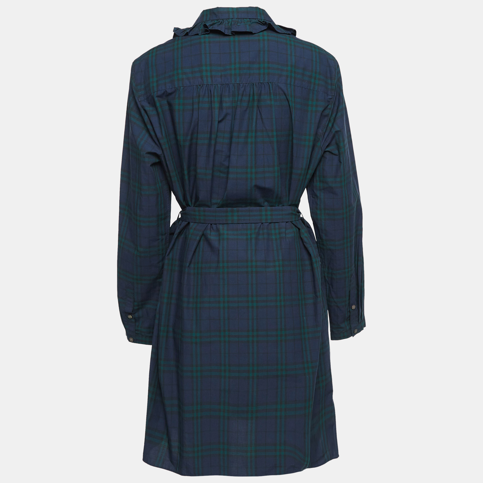 Burberry Navy Blue Plaid Cotton Ruffled Mini Dress L