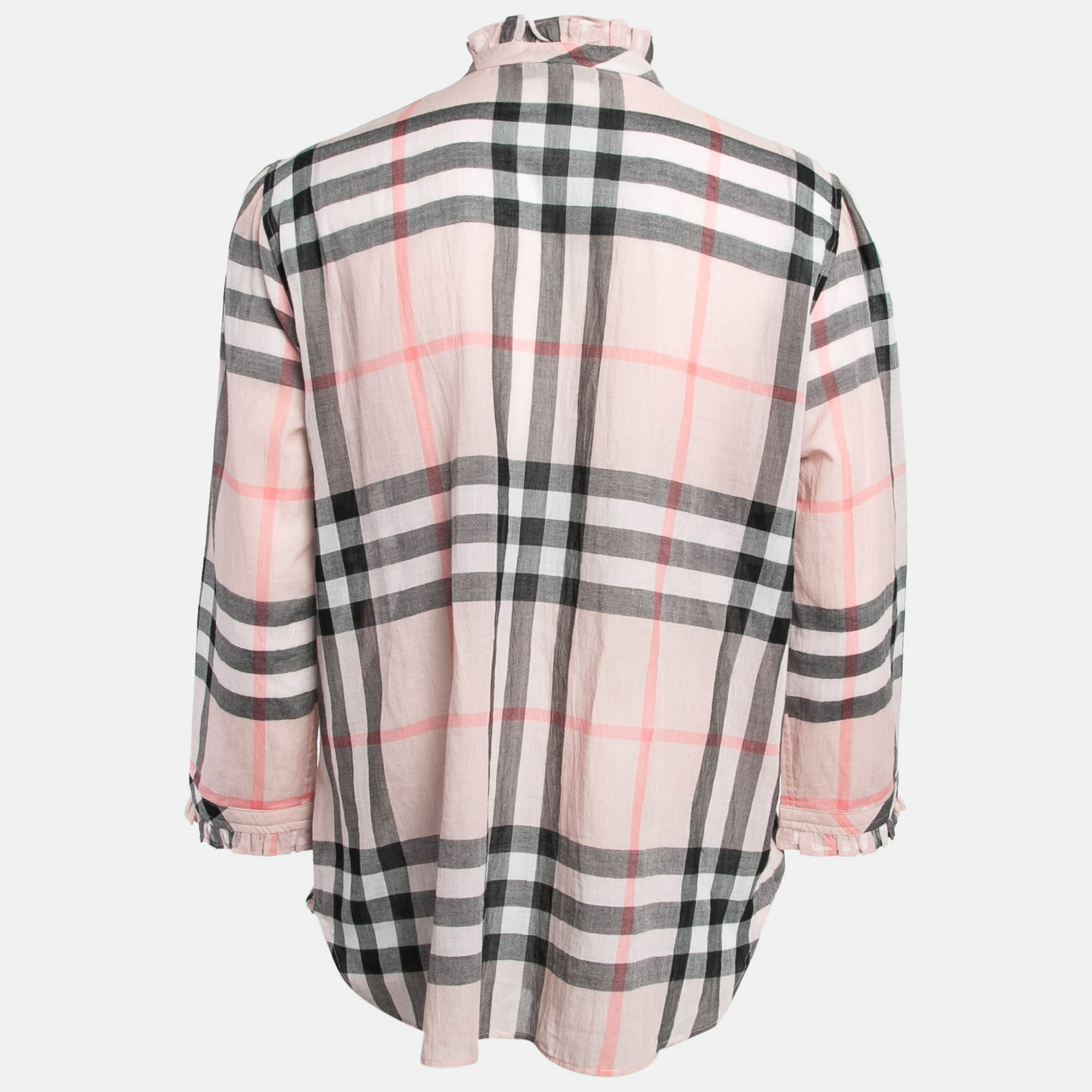 Burberry Pink Plaid Cotton Puff Sleeves Ruffled Button Front Top S