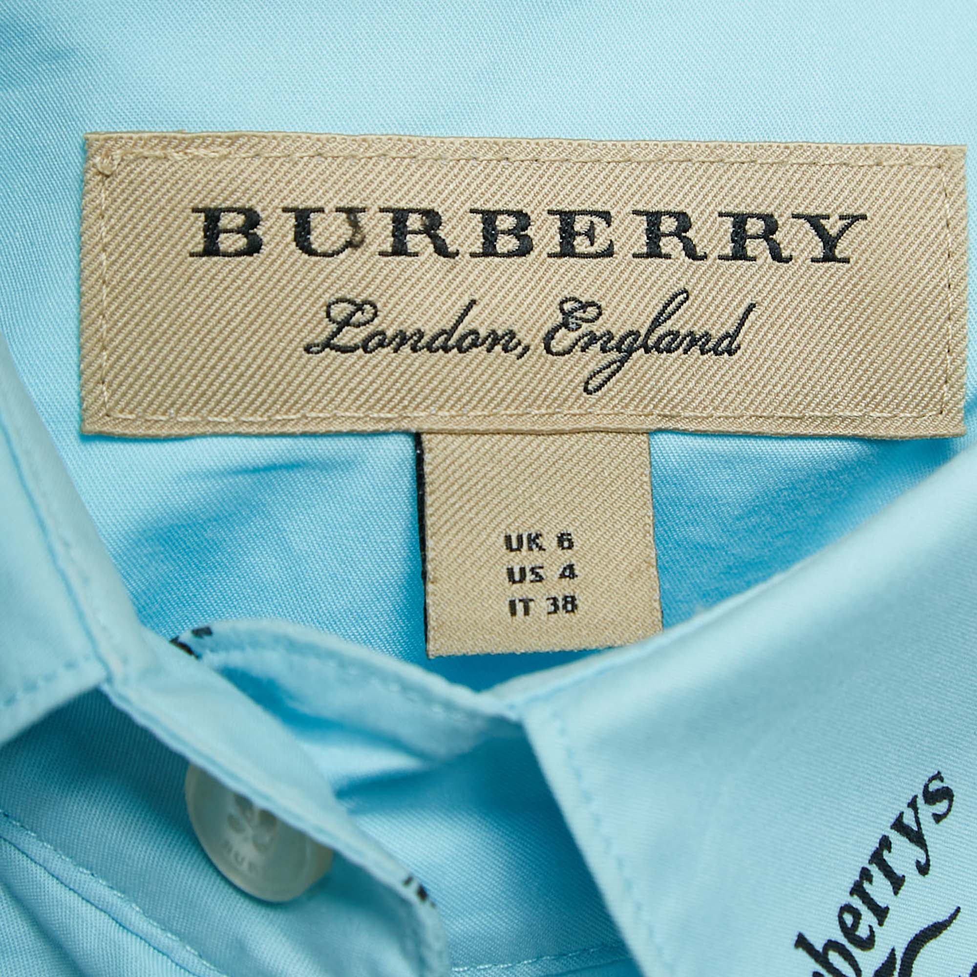 Burberry Blue Logo Print Cotton Oversized Shirt S