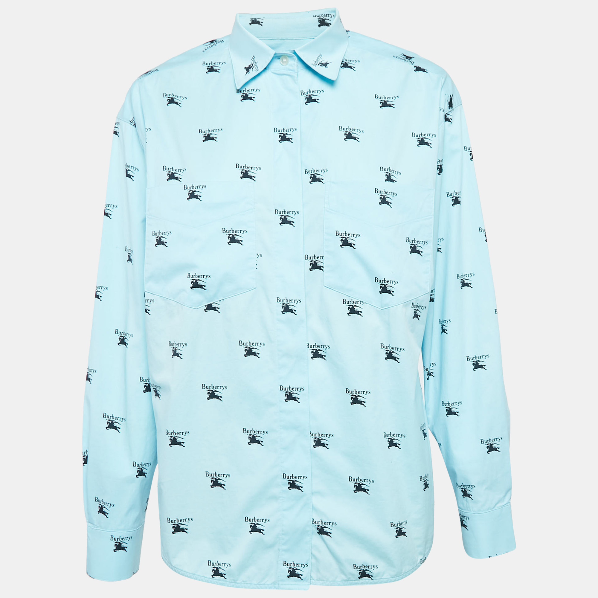 Burberry Blue Logo Print Cotton Oversized Shirt S